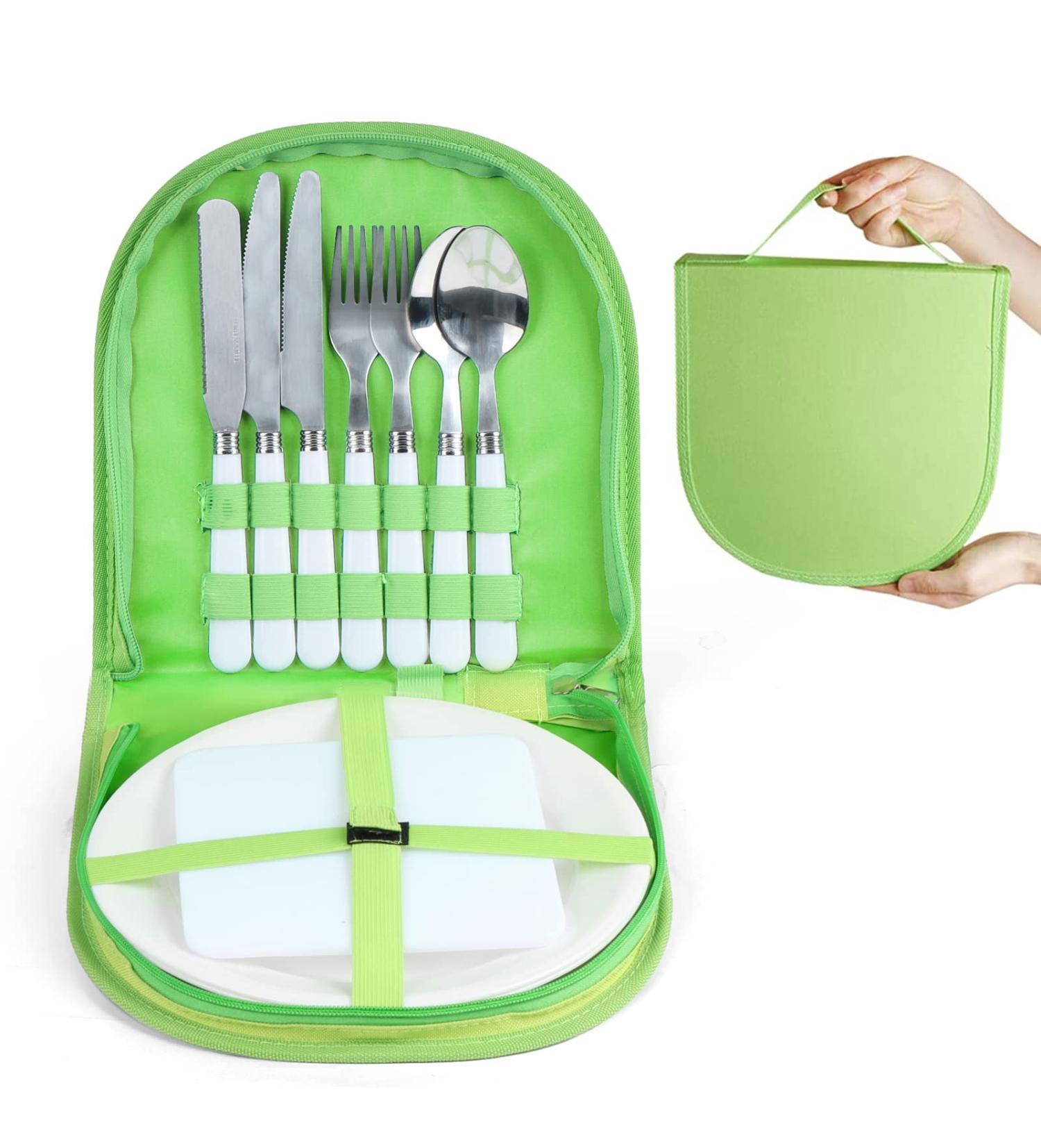 Vech Camping Silverware Kit - 11 Piece Utensil Set for 2 - White Plate, Spoon, Knife, Fork - Portable Mess Kit for Hiking, BBQ, Travel - Buy Online on GoSupps.com