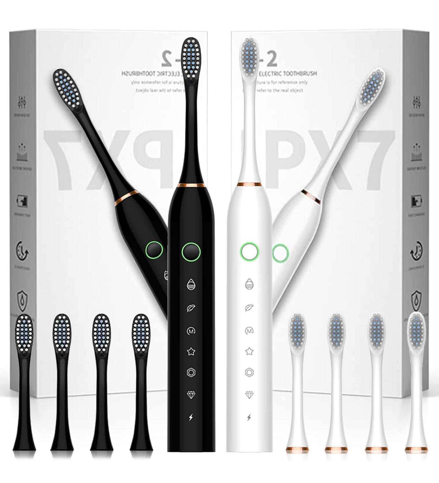 Lukern Sonic Electric Toothbrush 2 Pack - 6 Modes, 42000vpm, 2 Minute Timer, 8 Brush Heads - White+Black - Buy Online on GoSupps.com
