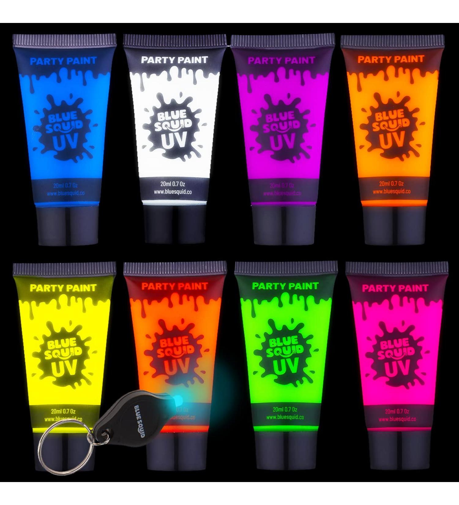 Blue Squid UV Face & Body Paint Set - 8 Large 0.68 fl oz Neon Paints + Bonus UV Flashlight - Buy Online on GoSupps.com