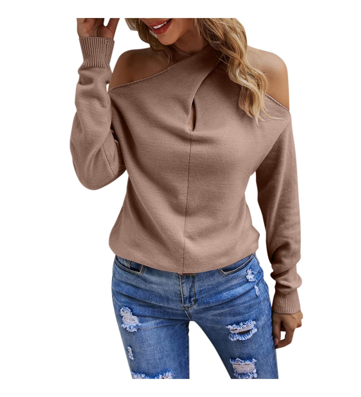 Shop Creoqiji Women's Yellow Shoulder-Free Crop Hoodie - Casual Long-Sleeved V-Neck Top in Pink XL - International Shipping Available! - Buy Online on GoSupps.com