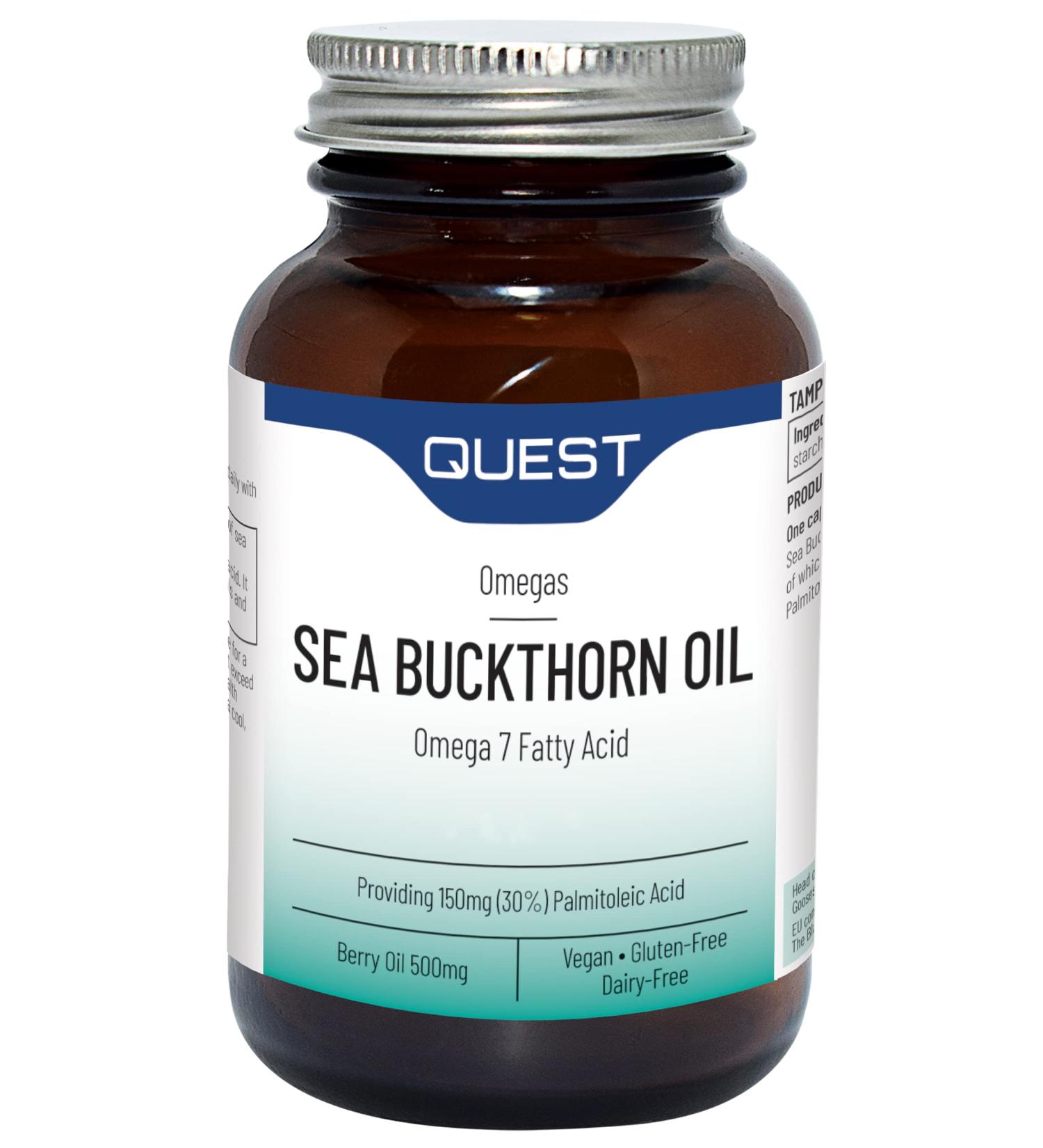 Quest Sea Buckthorn Oil Omega 3 6 & 7 Berry Oil & Palmitoleic Acid Supplement. Supports Skin & Eye Health Plus Post Menopause Dryness. Vegan Omega Anti-Inflammatory Supplement Tablets (120 Capsules) 120 Count (Pack of 1)
