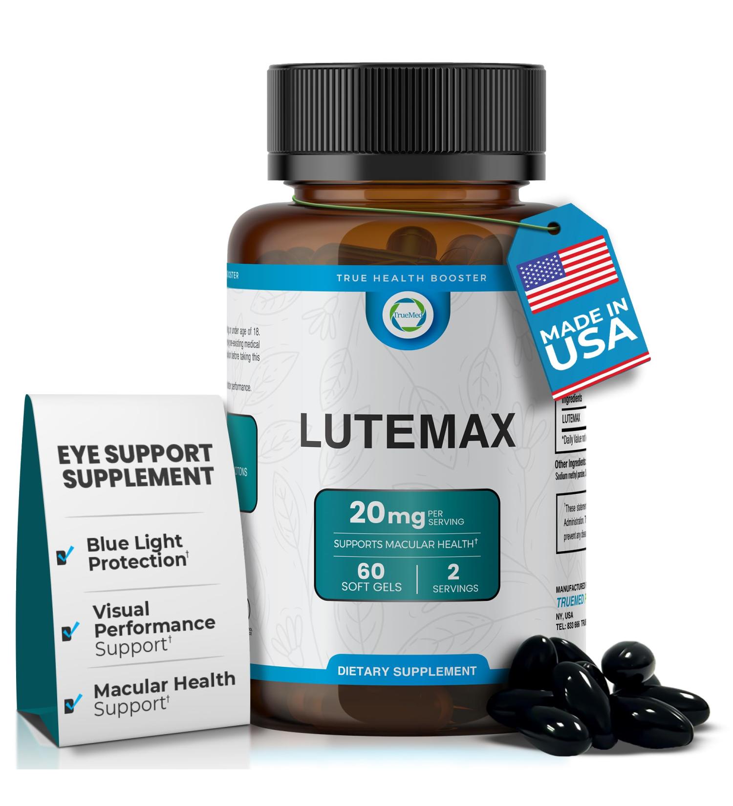 Lutemax 20mg 30 Days Supply Eye Supplement - Supports Macular Health Vision Clarity Heart Health Protects Eyes from Blue Light & Photons Antioxidant Protection GMP Certified 60 Softgel. 1 Count (Pack of 60) - Buy Online on GoSupps.com