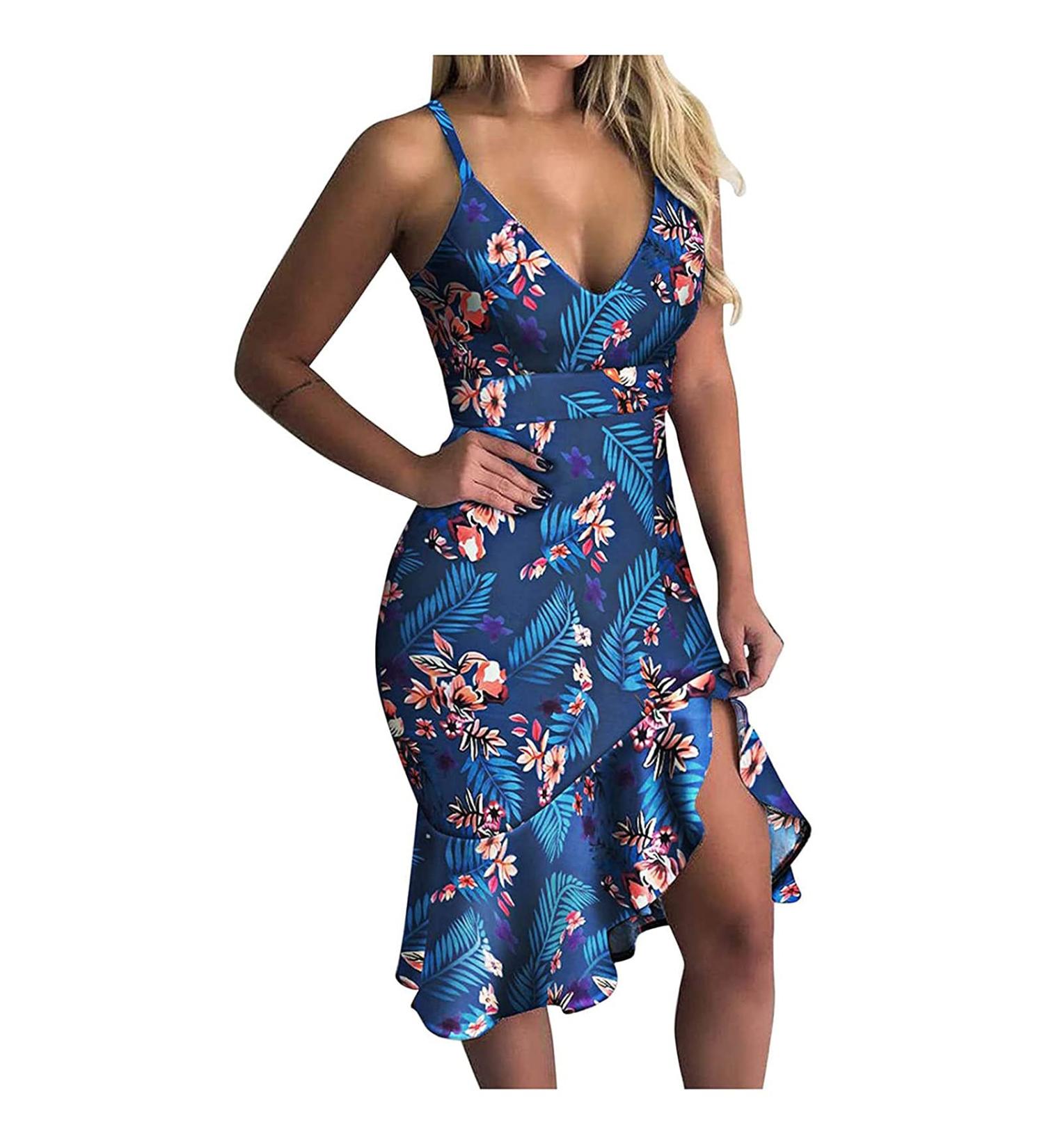 Women's Sexy Deep V Neck Sleeveless Bodycon Mermaid Dress - Dark Blue - Small - Buy Online on GoSupps.com