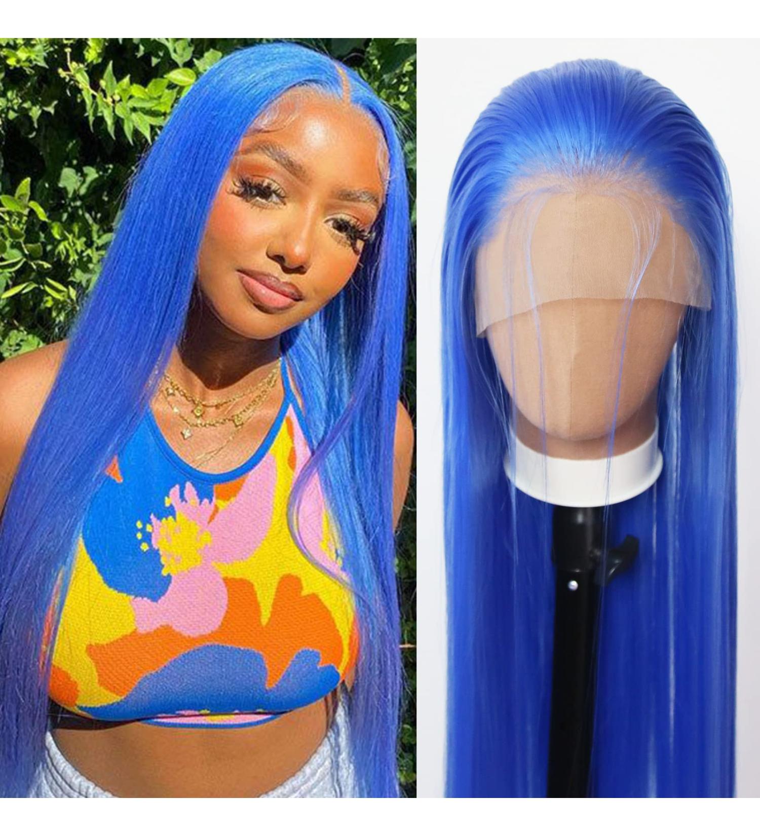 Blue Synthetic Lace Front Wig - Long Straight Hair for Black Women | Heat Resistant Fiber | Cosplay & Daily Wear - Buy Online on GoSupps.com