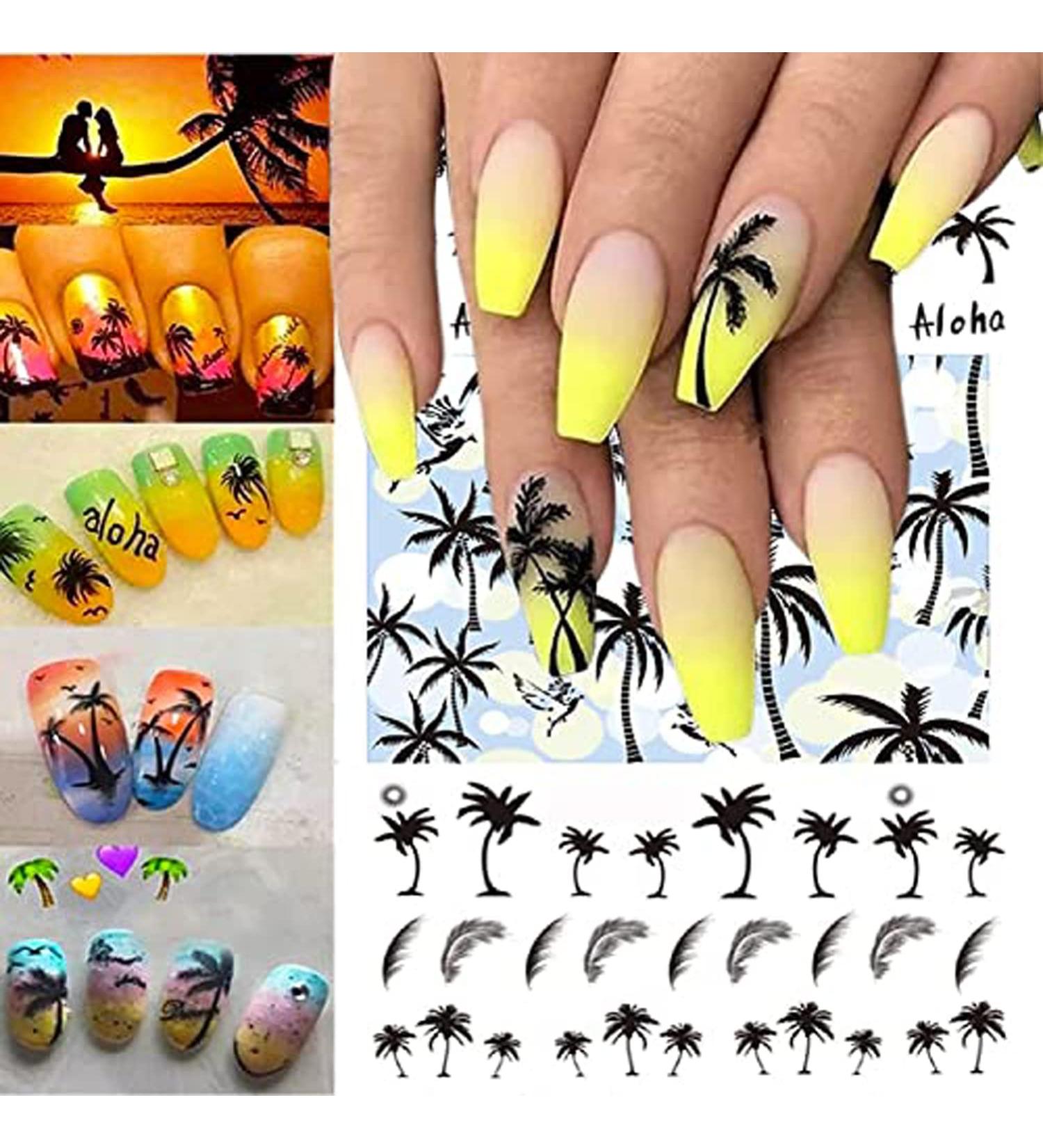3pcs Summer Coconut Tree Beach Nail Decals - Black Feather & Leaves Art Stickers - Buy Online on GoSupps.com