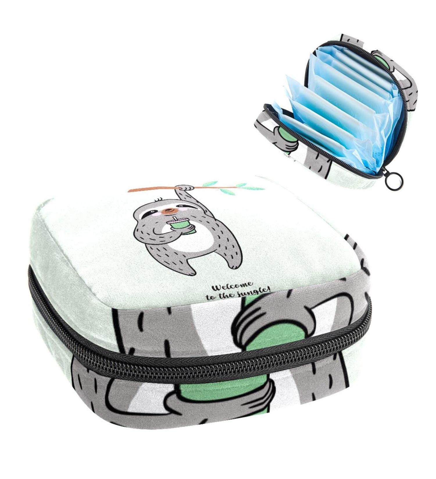Women's Portable Period Kit - Jungle Sloth Green Storage Bag with Pockets | Stylish Feminine Product Holder - Buy Online on GoSupps.com