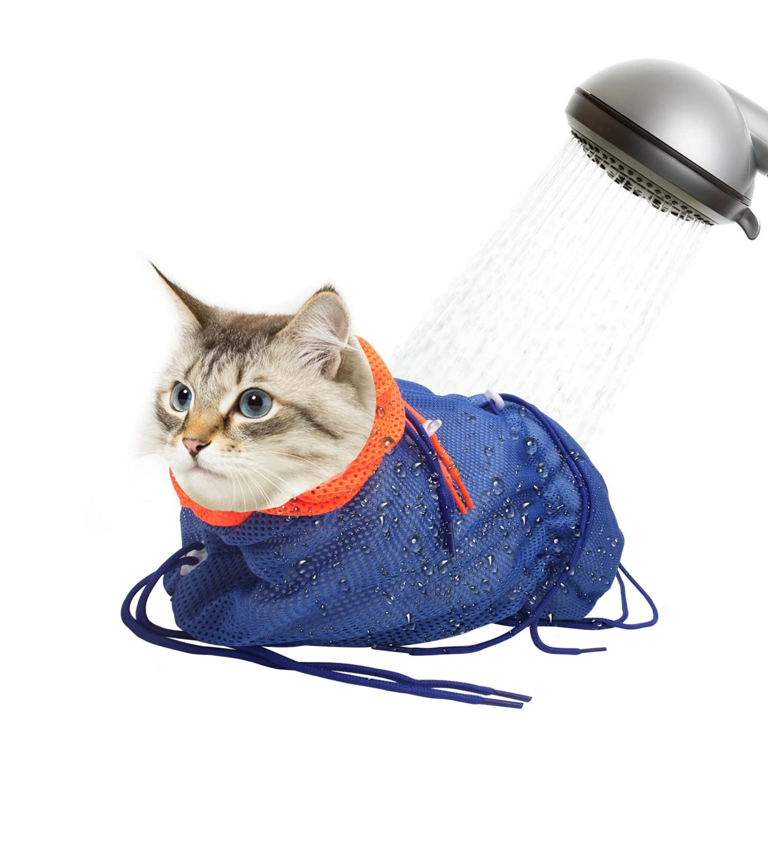 Catcan Breathable Mesh Cat Bathing Bag - Anti-Scratch & Adjustable Grooming Bag for Nail Trimming - Blue-Orange - Buy Online on GoSupps.com