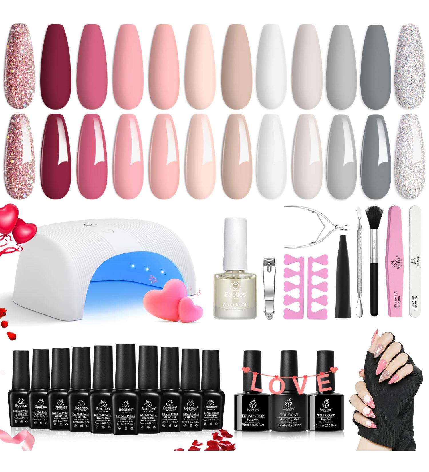 Beetles Gel Nail Polish Kit 12 Colors with U V Light Base Top Coat | Nude Pink White Grey Holiday Gel Polish Starter Kit | Valentine's Day Gift for Women | Soak off Gel Polish DIY Home A-Kiss of the Rose - Buy Online on GoSupps.com