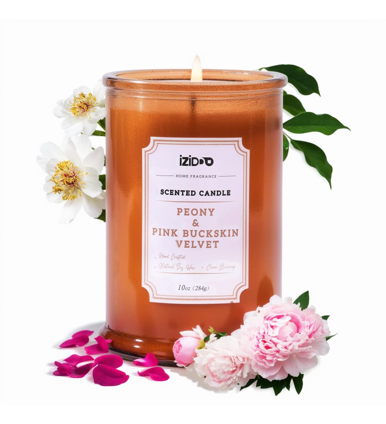 IZIDDO Peony & Leather Scented Candle - 10oz Natural Handmade Gift for Him & Her - Elegant Brown Candle Jar - Buy Online on GoSupps.com
