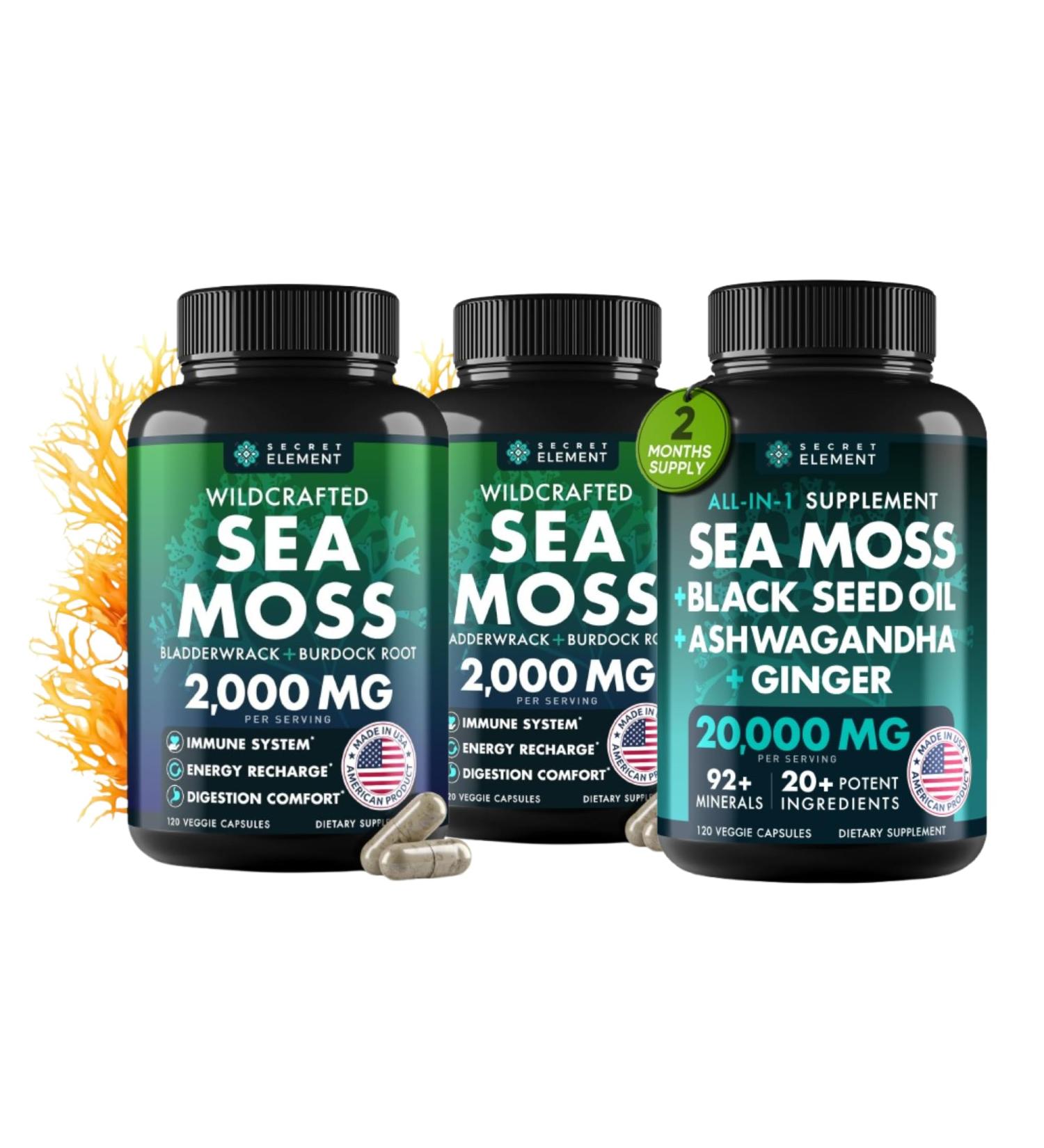 Sea Moss Bundle Wildcrafted Irish Sea Moss Capsules with Burdock Root Bladderwrack Muira Puama + Seamoss Black Seed Oil Ashwagandha & Ginger 360 Vegan Capsules - Buy Online on GoSupps.com