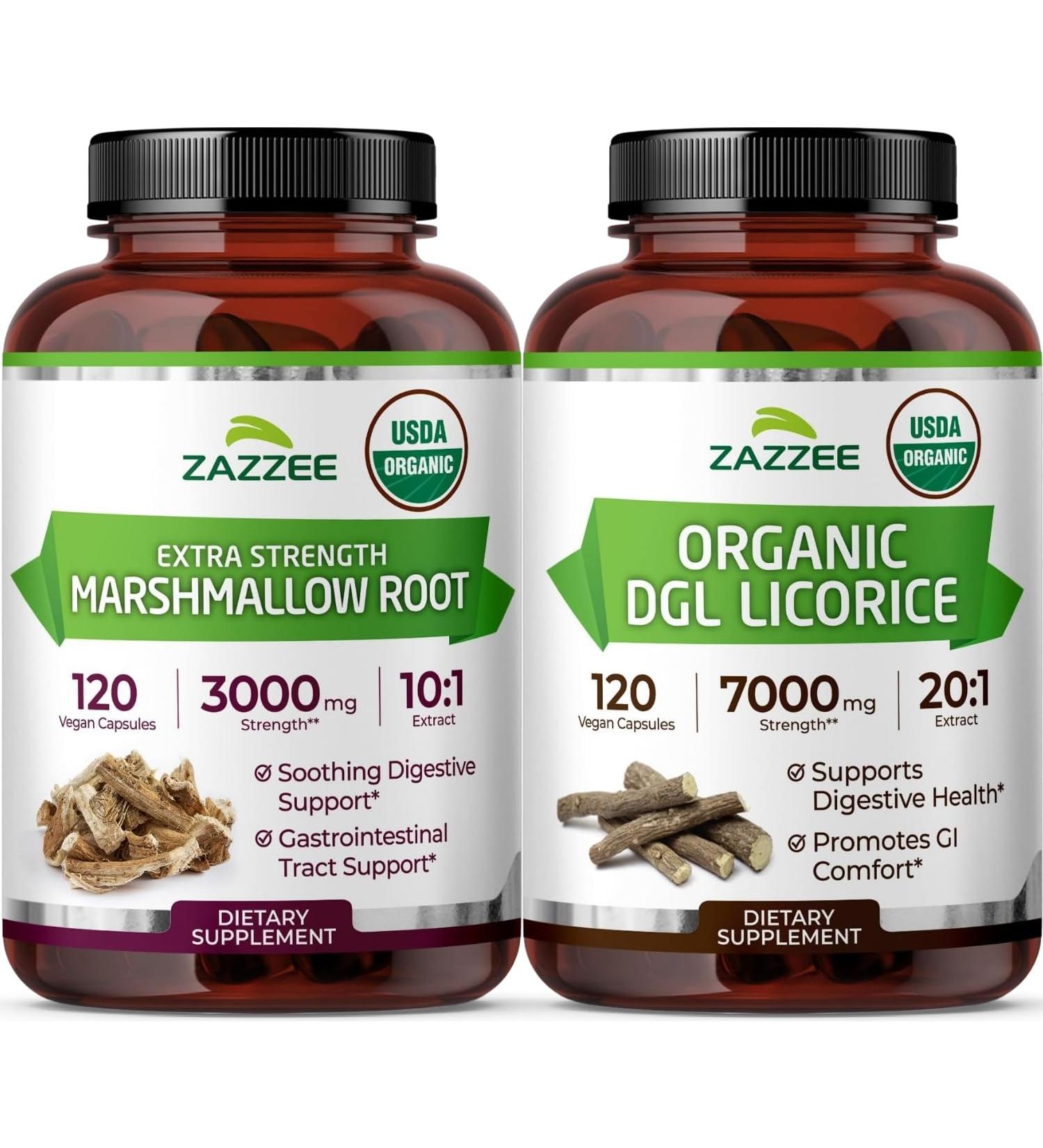 Zazzee USDA Organic Gut Lining Support Bundle | 20:1 DGL Licorice Root Plus Marshmallow Root Capsules | Non-GMO Vegan & ISO Lab Tested (120 Servings Each) - Buy Online on GoSupps.com