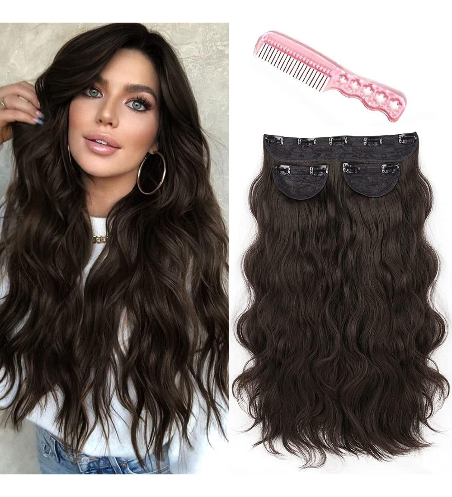 DeeThens 20 Inch Dark Brown Clip-In Wavy Hair Extensions for Women - Thick Synthetic Full Head - 3pcs - Buy Online on GoSupps.com