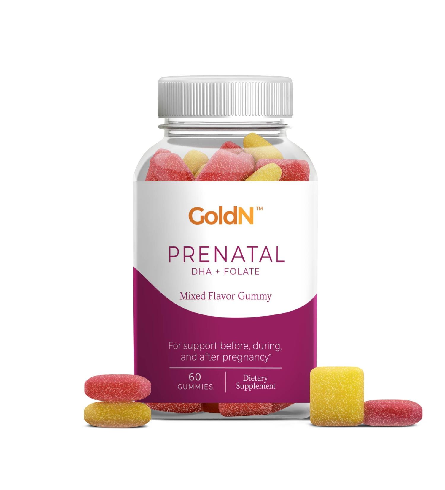 GoldN Prenatal DHA and Folate Premium Gummies | Omega-3 DHA 600 mcg Folic Acid 200 mcg Iodine & 13 Nutrients | Non-GMO Gluten-Free | Raspberry & Lemon Flavor | 60 Gummies (30-Day Supply) - Buy Online on GoSupps.com
