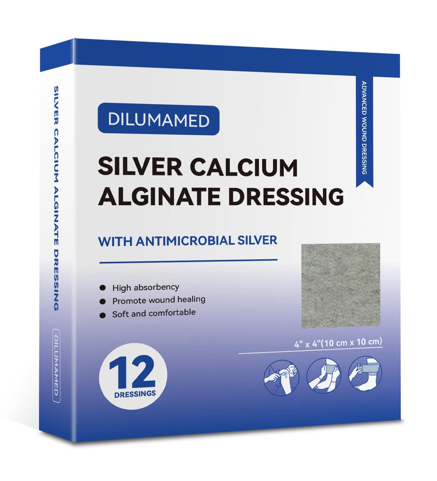 DILUMAMED Silver Calcium Alginate Wound Dressing 4x4 (Pack of 12) - High Absorption Bandage for Bed Sores, Pressure Sores, Leg Ulcers, Diabetic Foot Wound Care - Buy Online on GoSupps.com