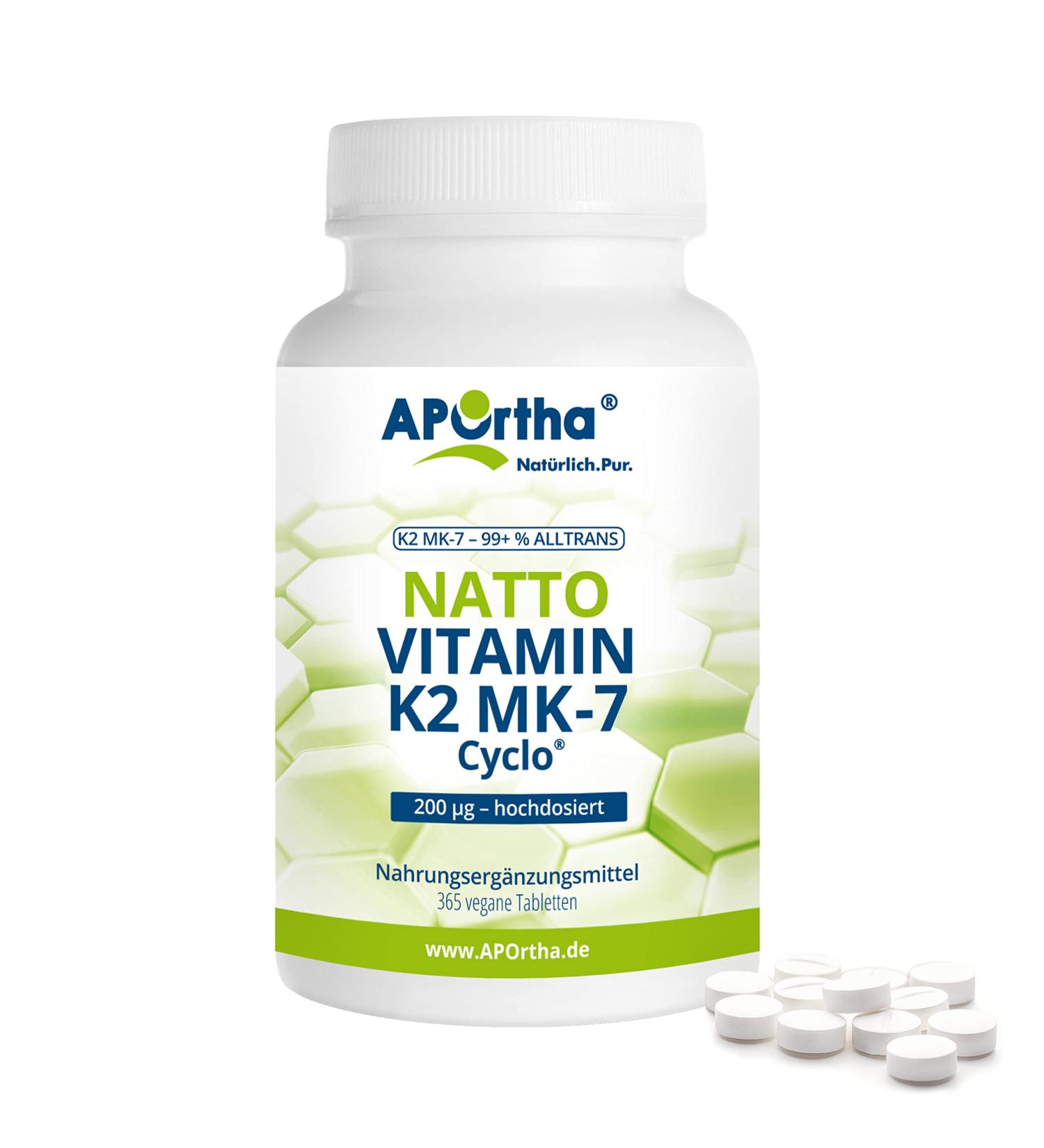 Aportha Vitamin K2 MK7 200 g - High-Dose Vegan Supplement | 365 Easy-to-Swallow Natto Tablets for Optimal Health - Buy Online on GoSupps.com