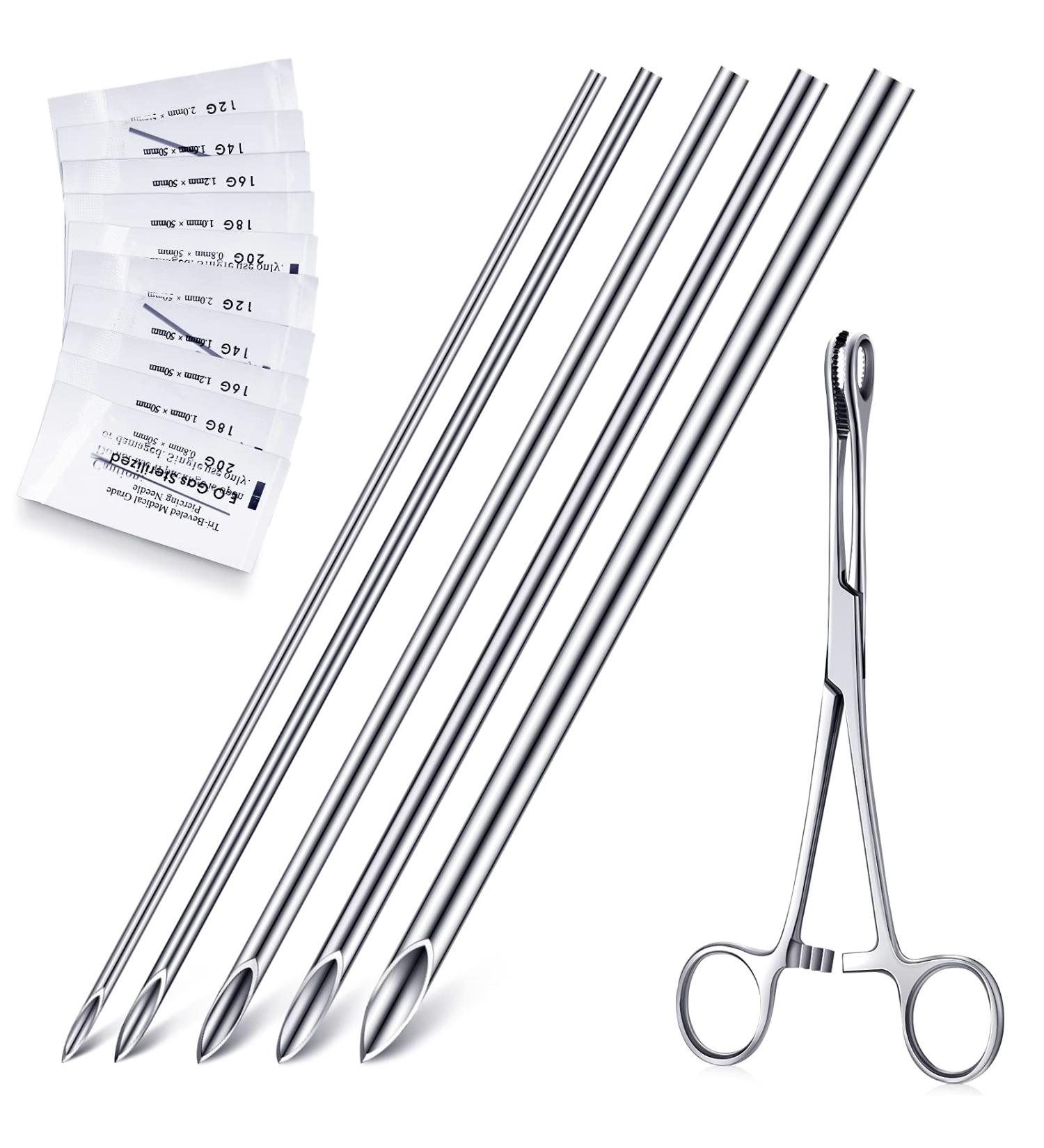 100pc Body Piercing Hollow Needles & Stainless Steel Forceps Set | Mixed Sizes 12G-20G Ear Tongue Belly Piercing Tools - Buy Online on GoSupps.com