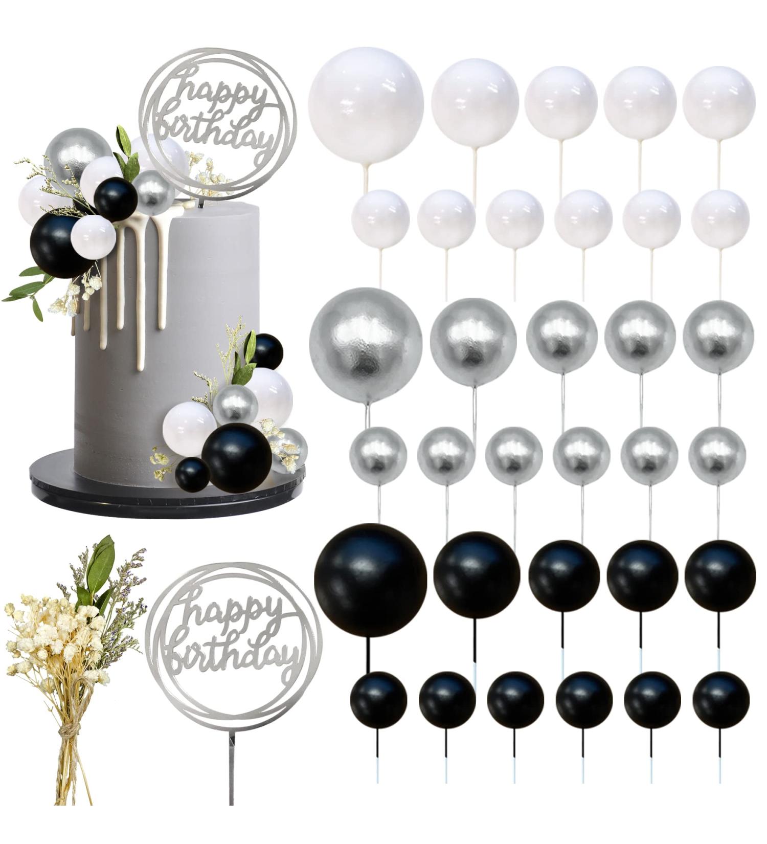 35 PCS Mini Colorful Balls & Flowers Cake Topper Set - Wedding, Anniversary, Baby Shower, Birthday Party Decorations in White Silver Black - Buy Online on GoSupps.com