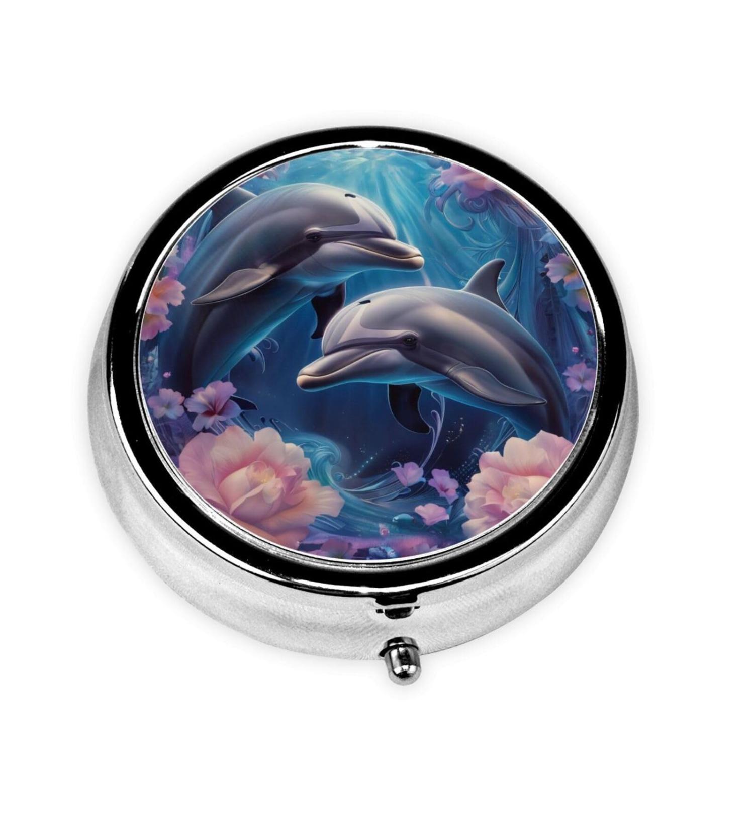 Portable Metal Pill Box with Two Cute Dolphins | Round Mini 3-Compartment Organizer for Small Pills | Travel Essential with Hinged Design - Buy Online on GoSupps.com