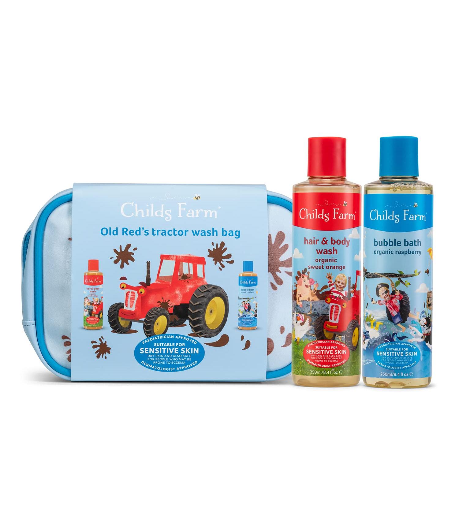 Childs Farm Kids Tractor Luxury Wash Bag Gift Set - Organic Raspberry Bubble Bath & Sweet Orange Hair & Body Wash - Gentle on Dry, Sensitive & Eczema-prone Skin - Buy Online on GoSupps.com