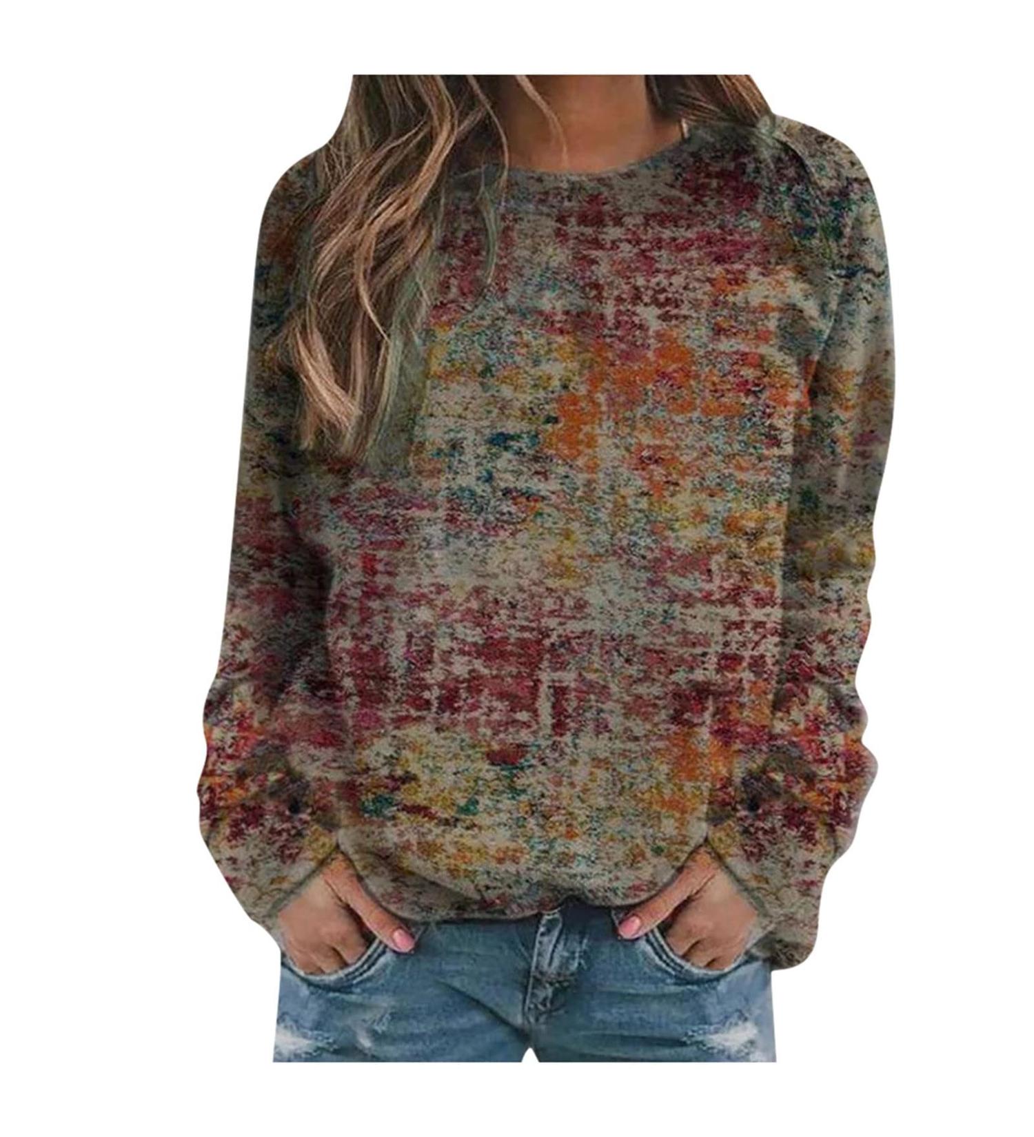 oelaio Womens Round Neck Long Sleeve Tshirts Vintage Graphic Fall Shirt Tops Casual Tunic Tops Loose Fitting Shirts Red#41 Small - Buy Online on GoSupps.com