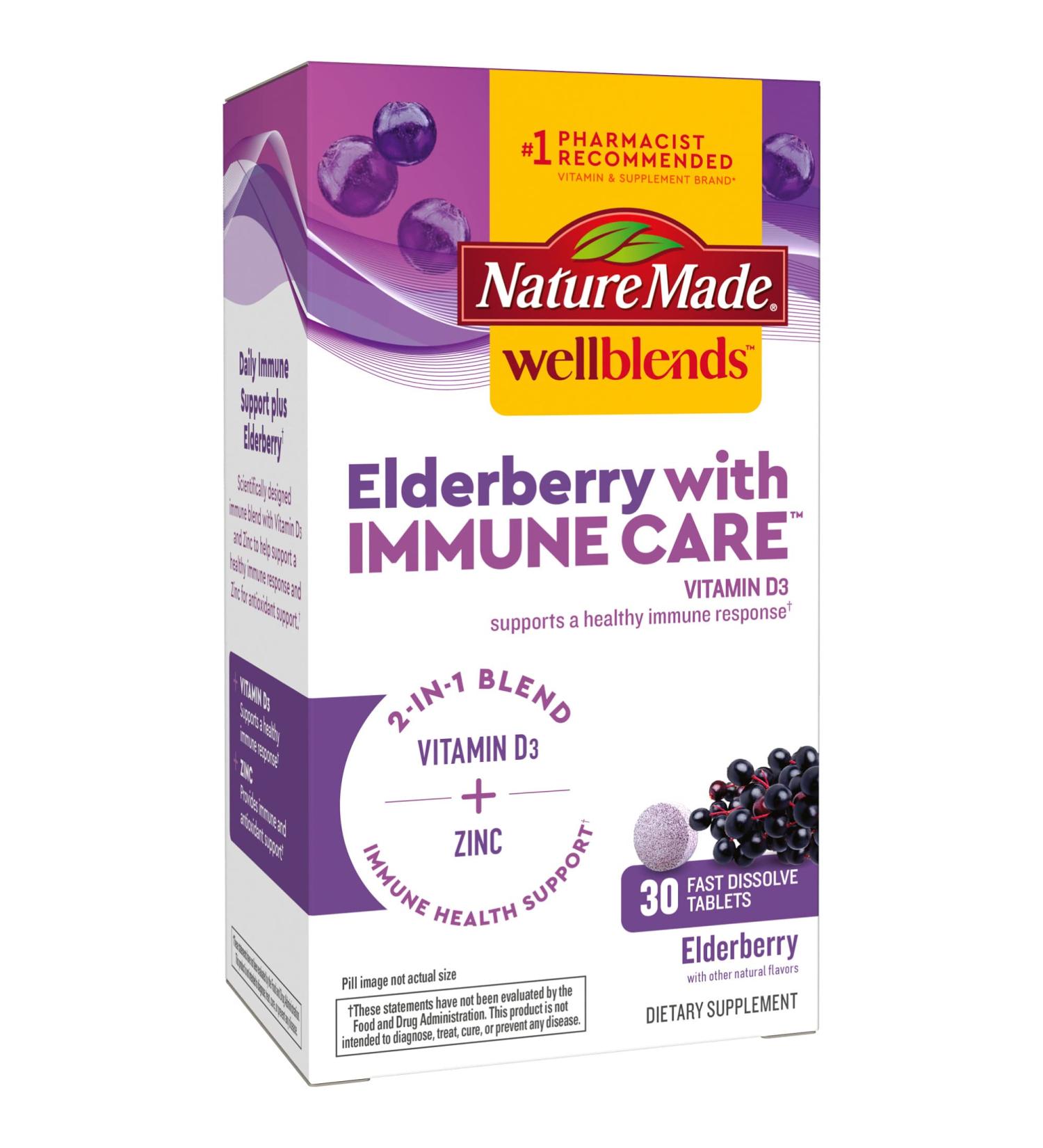 Nature Made Wellblends Elderberry with ImmuneCare - 30 Fast Dissolve Tablets with Vitamin D3, Zinc, and Elderberry Flavor - Buy Online on GoSupps.com