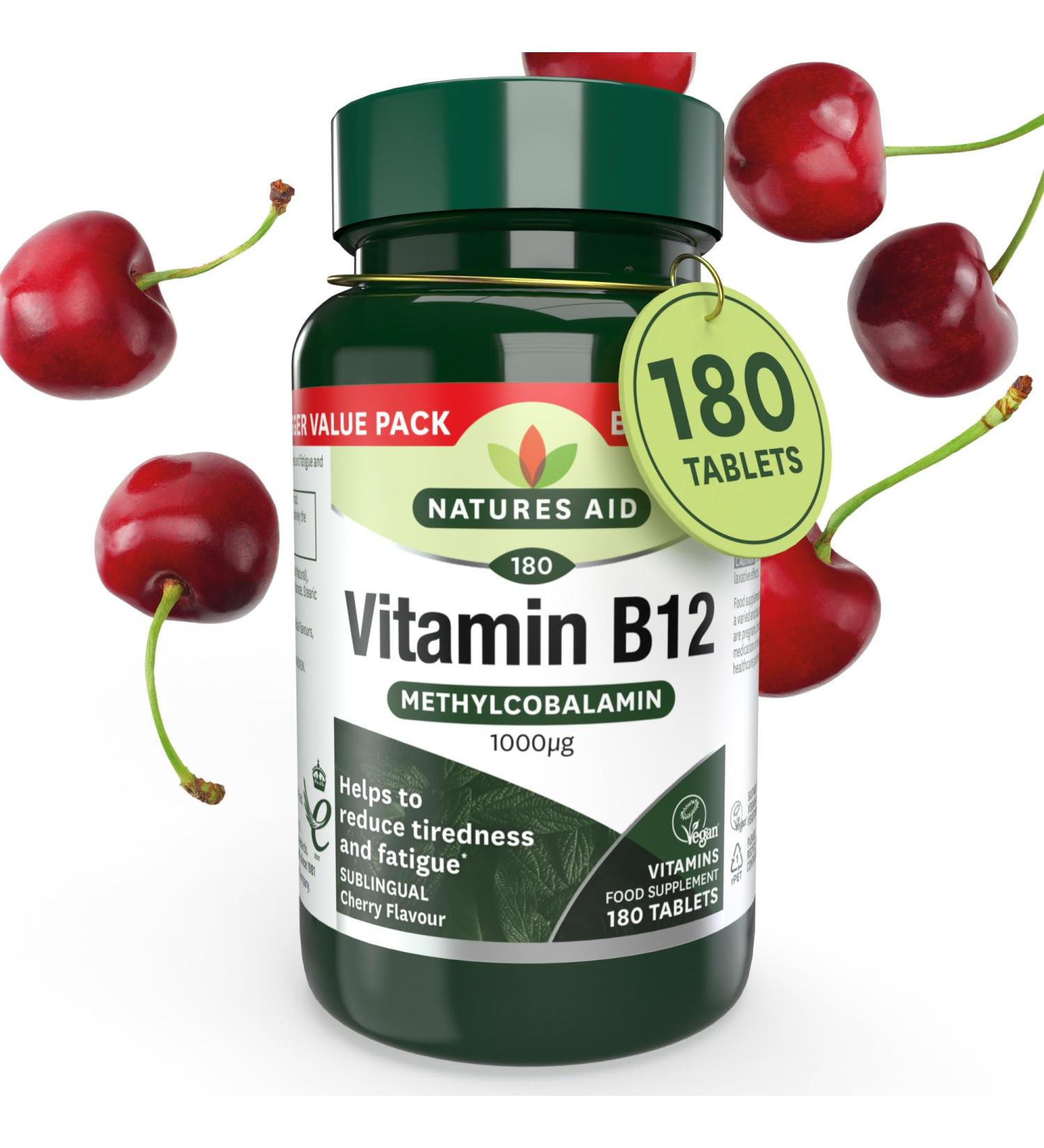 Natures Aid Vitamin B12 Methylcobalamin Cherry Flavour 180 Tablets - One-A-Day Formula - Buy Online on GoSupps.com