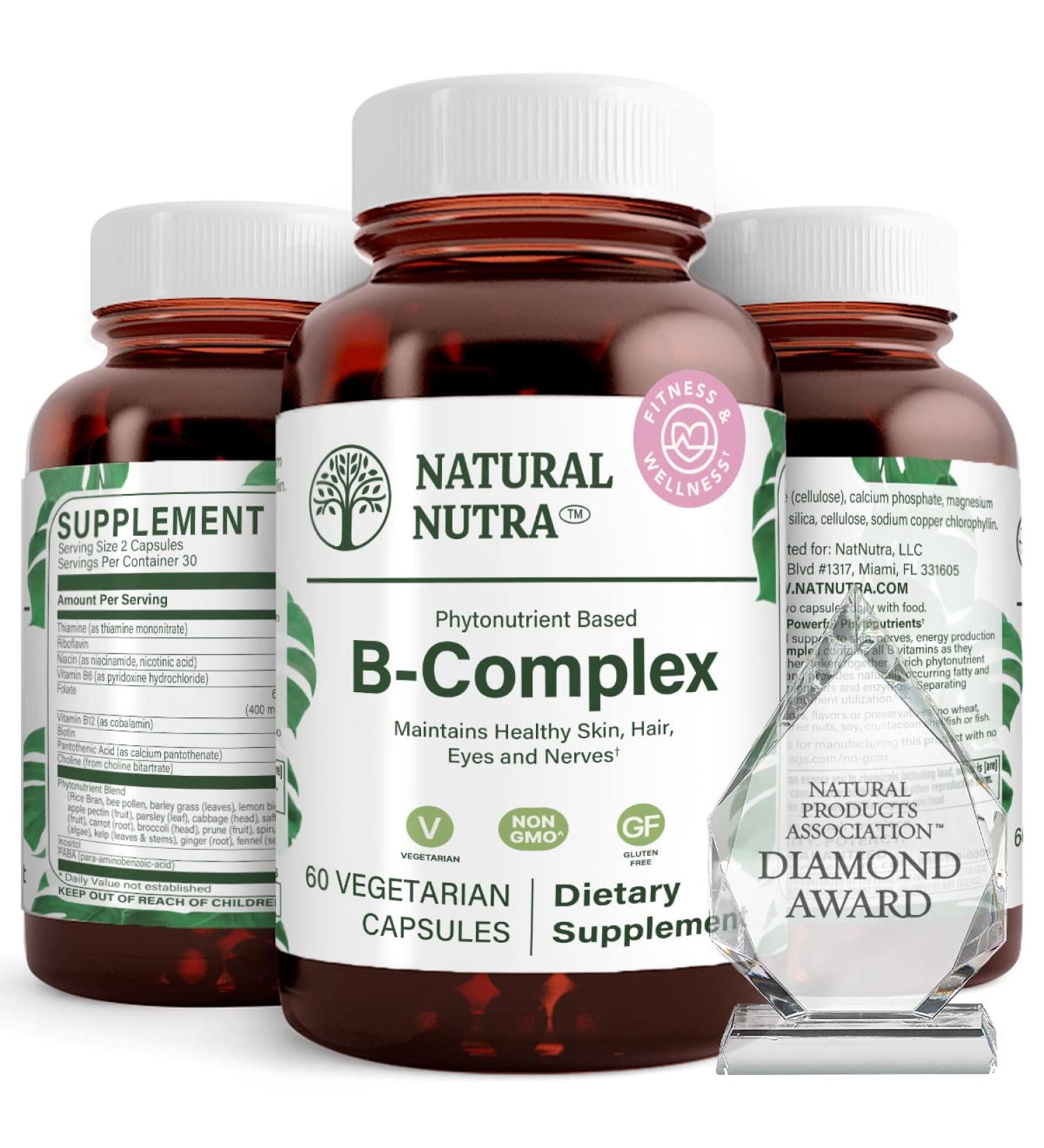 Natural Nutra Vitamin B Complex with Niacin Folate Thiamin Biotin Supports Nervous System Health Promotes Metabolism Skin Eyes and Hair Health Whole Food Supplement 60 Vegetarian Capsules 60 Count - Buy Online on GoSupps.com