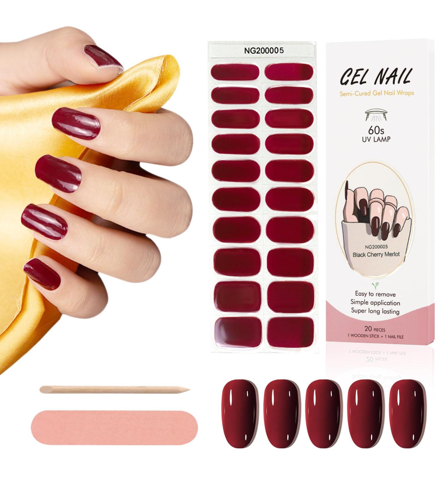 Kalolary 20PCS Wine Red Nail Adhesive Wrap Gel Polish Strips | Self-Adhesive Decals for Cured Gel Nails | UV/LED Lamp Required - Buy Online on GoSupps.com