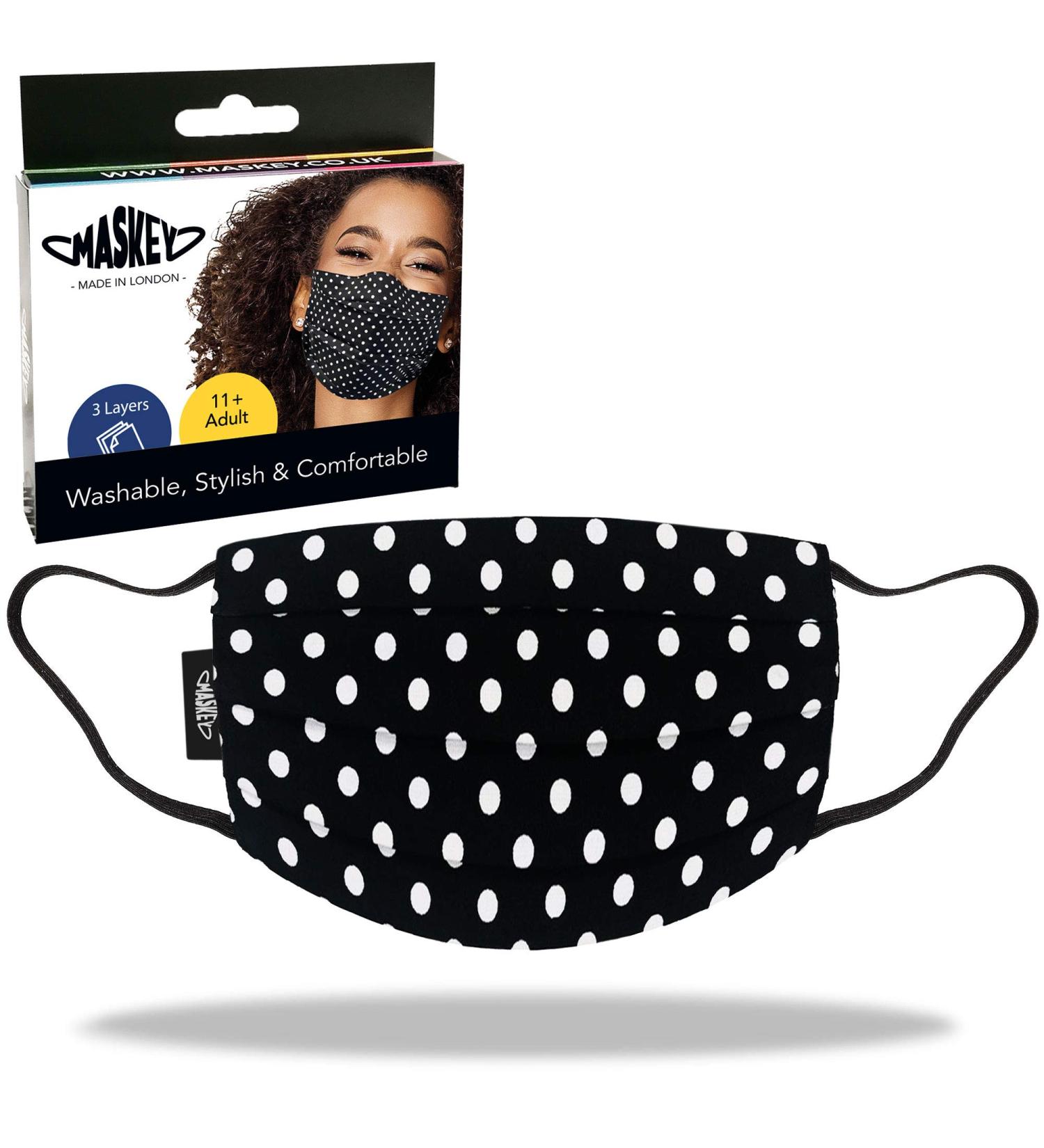 MASKEY White Dots on Black Washable Face Mask | 3-Layer Cotton | Stylish & Reusable | Made in London UK - Buy Online on GoSupps.com