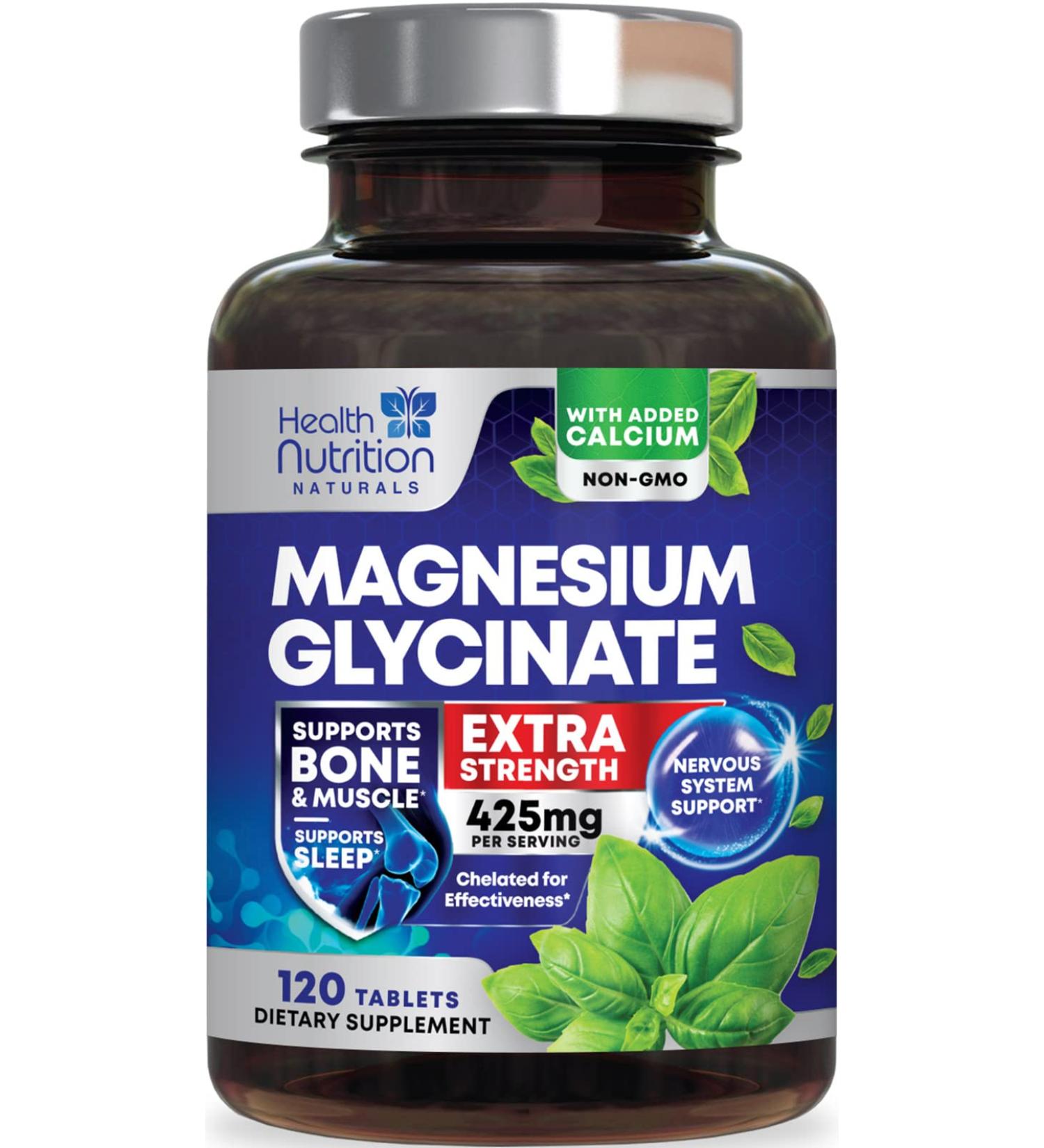 Extra Strength Magnesium Glycinate 425mg with Calcium - 120 Tablets | Bone, Heart & Muscle Health Support | Non-GMO Vegan Gluten Free - Buy Online on GoSupps.com