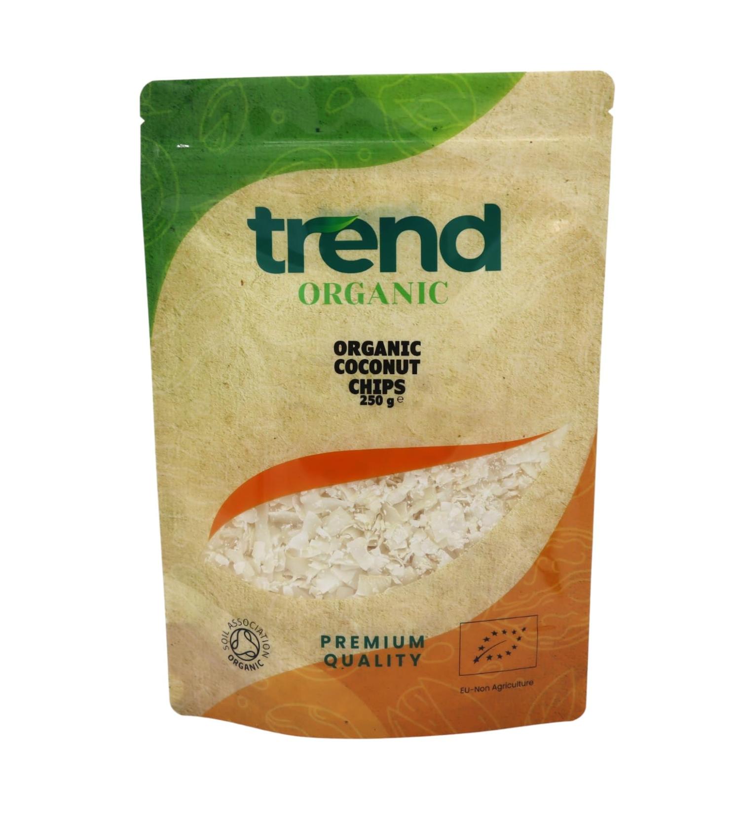 Trend Organic Coconut Chips: Crispy Blis Perfect for Snacking and Culinary Creations with its Tropical Taste Rich in Fibre Certified Organic Vegan Non-GMO No Additives No Preservatives 250g - Buy Online on GoSupps.com