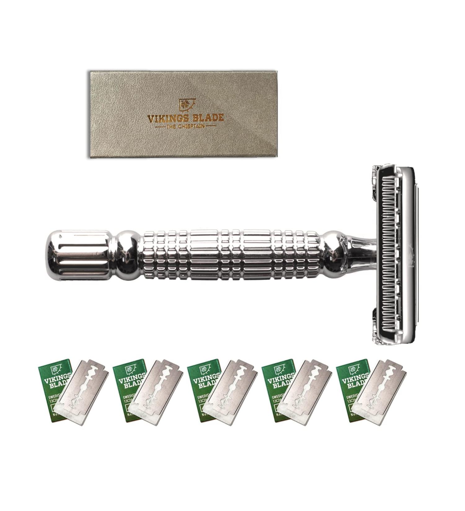 VIKINGS BLADE The Chieftain Double Edge Safety Razor with Swedish Steel Blades Pack - Heavy Duty, Twist to Open, Reduces Razor Burn - Luxury Case Included - Buy Online on GoSupps.com