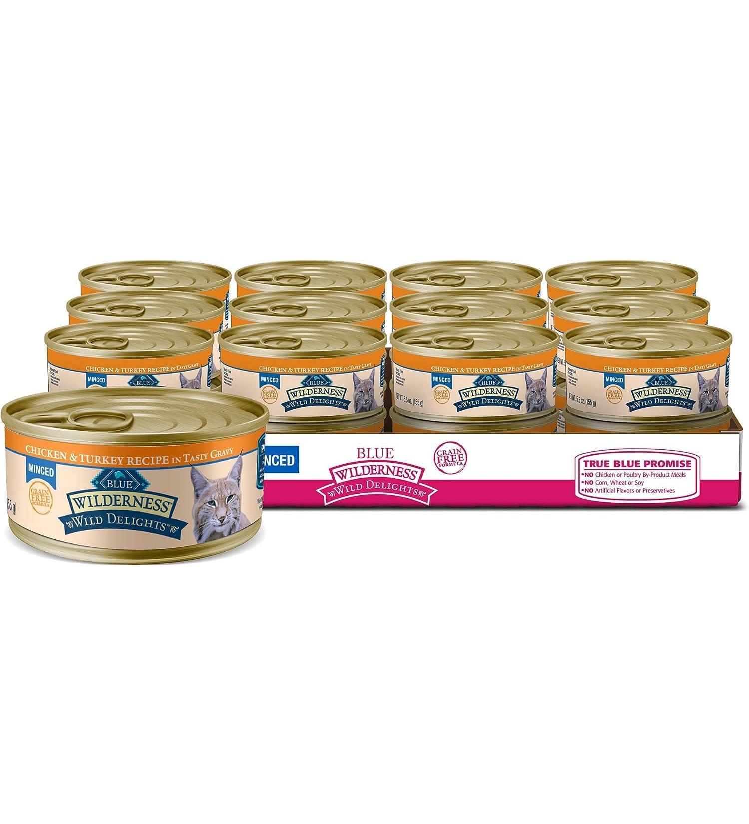 Blue Buffalo Wilderness Wild Delights Natural Wet Cat Food Chicken & Turkey Minced 5.5oz (Pack of 24 ) Large Cans Minced Chicken & Turkey - Buy Online on GoSupps.com