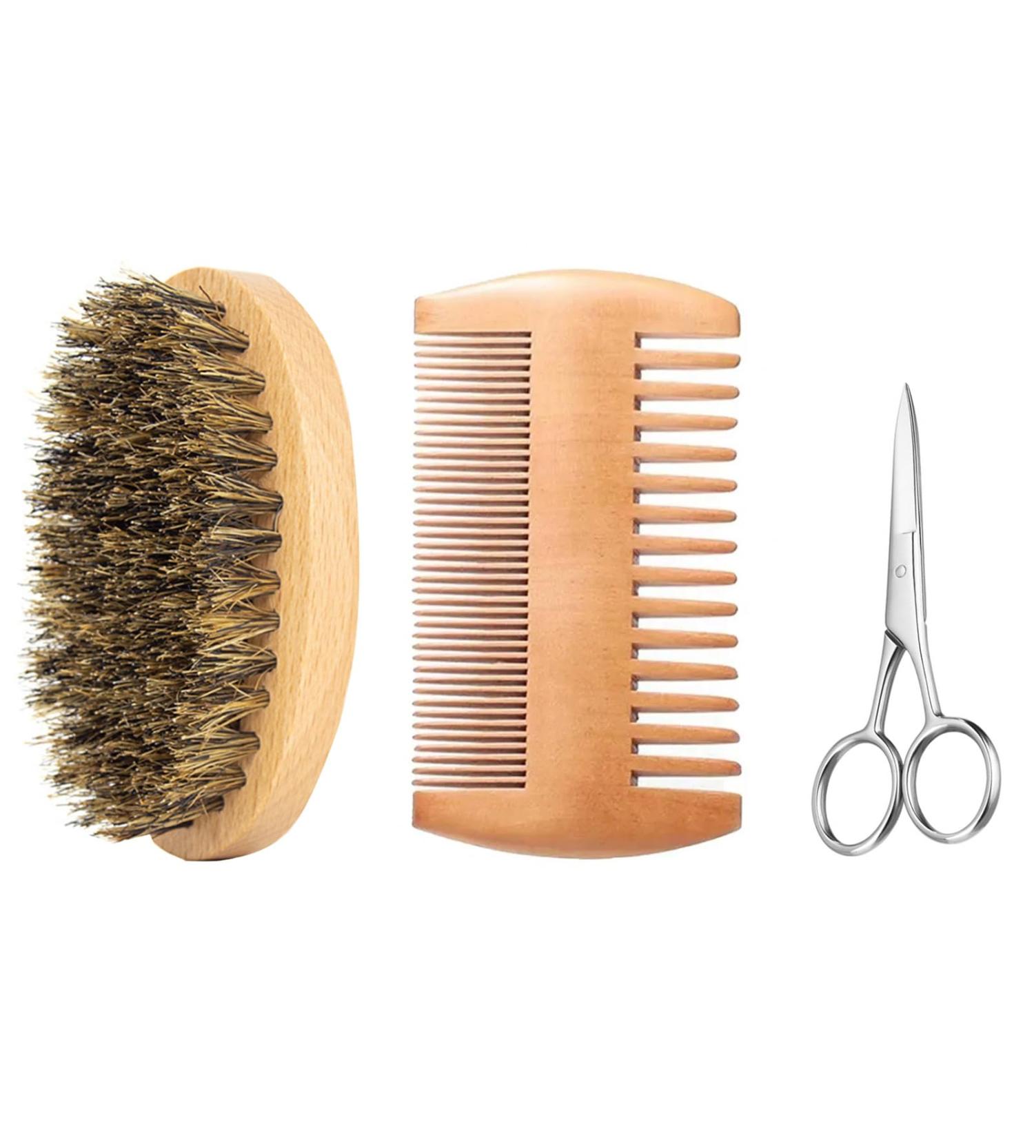 Premium Beard Care Set - Bartbrush & Beard Kamm with Wild Boar Bristles | Buy Wooden Beard Brush & Shears for Men Online - Buy Online on GoSupps.com