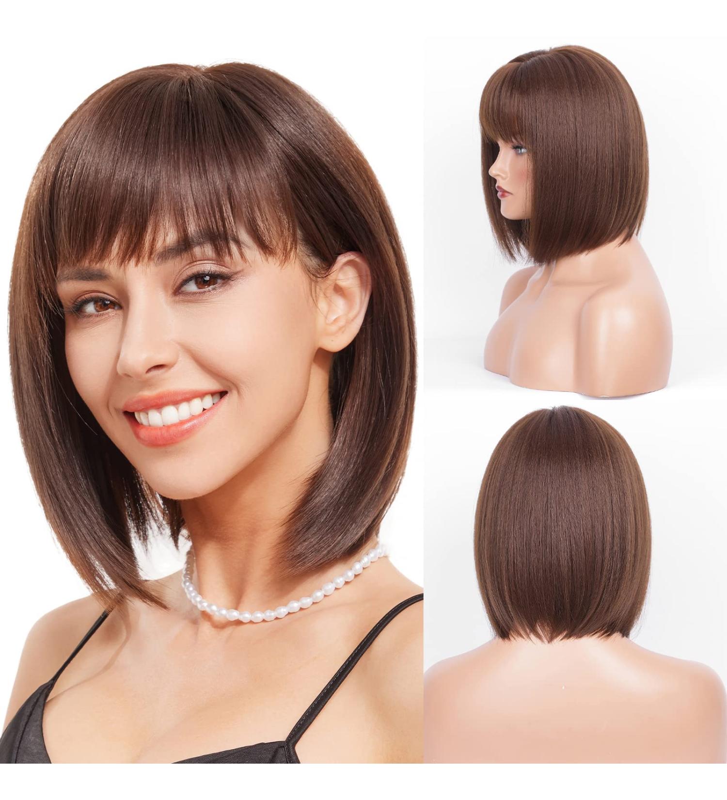 HAIRCUBE Straight Wigs for Women Synthetic Hair Wig with Fringe Chestnut Brown