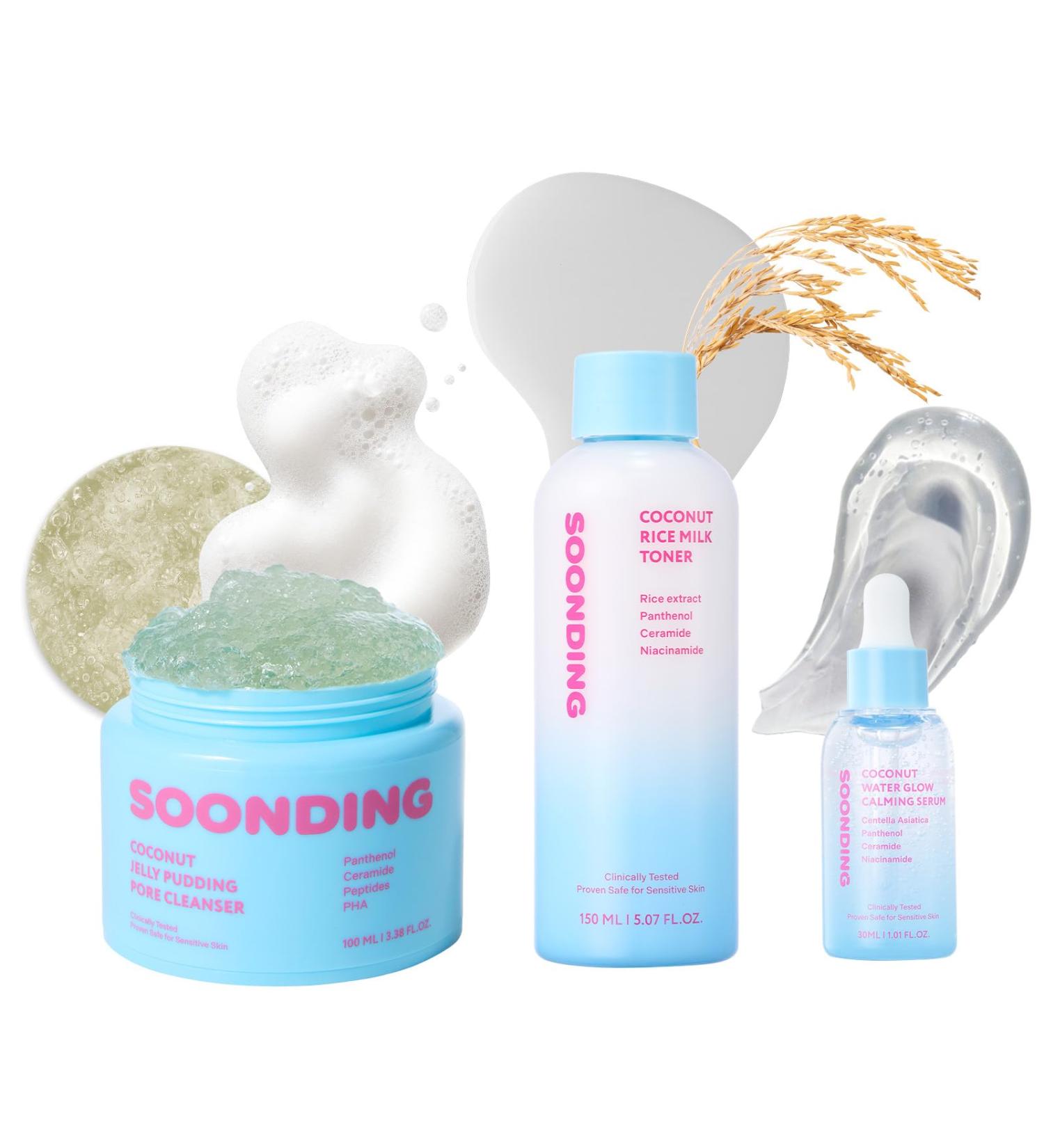 SOONDING Coconut Korean Glass Skincare Triple Set - Coconut Jelly Pudding Pore Cleanser Rice Milk Toner Water Glow Calming Serum - Buy Online on GoSupps.com