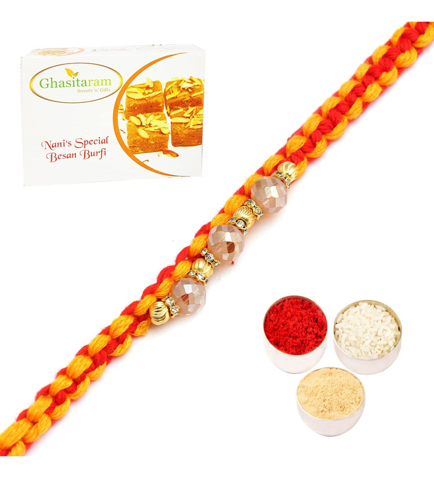 Rakhis Online- The Glittering Thread rm584 Bracelet Rakhi with 200 GMS of Besan Barfi - Buy Online on GoSupps.com