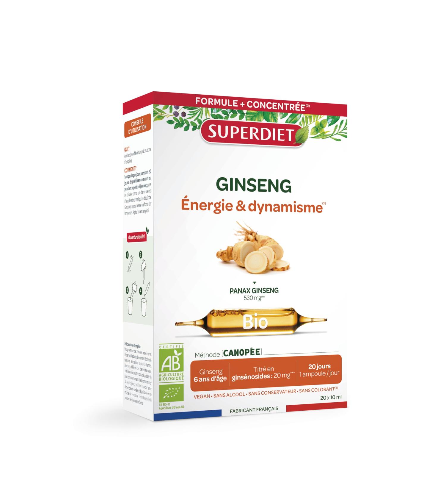 SUPERDIET ORGANIC GINSENG Energy & Dynamism Herbal Medicine Made in France 20 ampoules of 10 ml - Buy Online on GoSupps.com