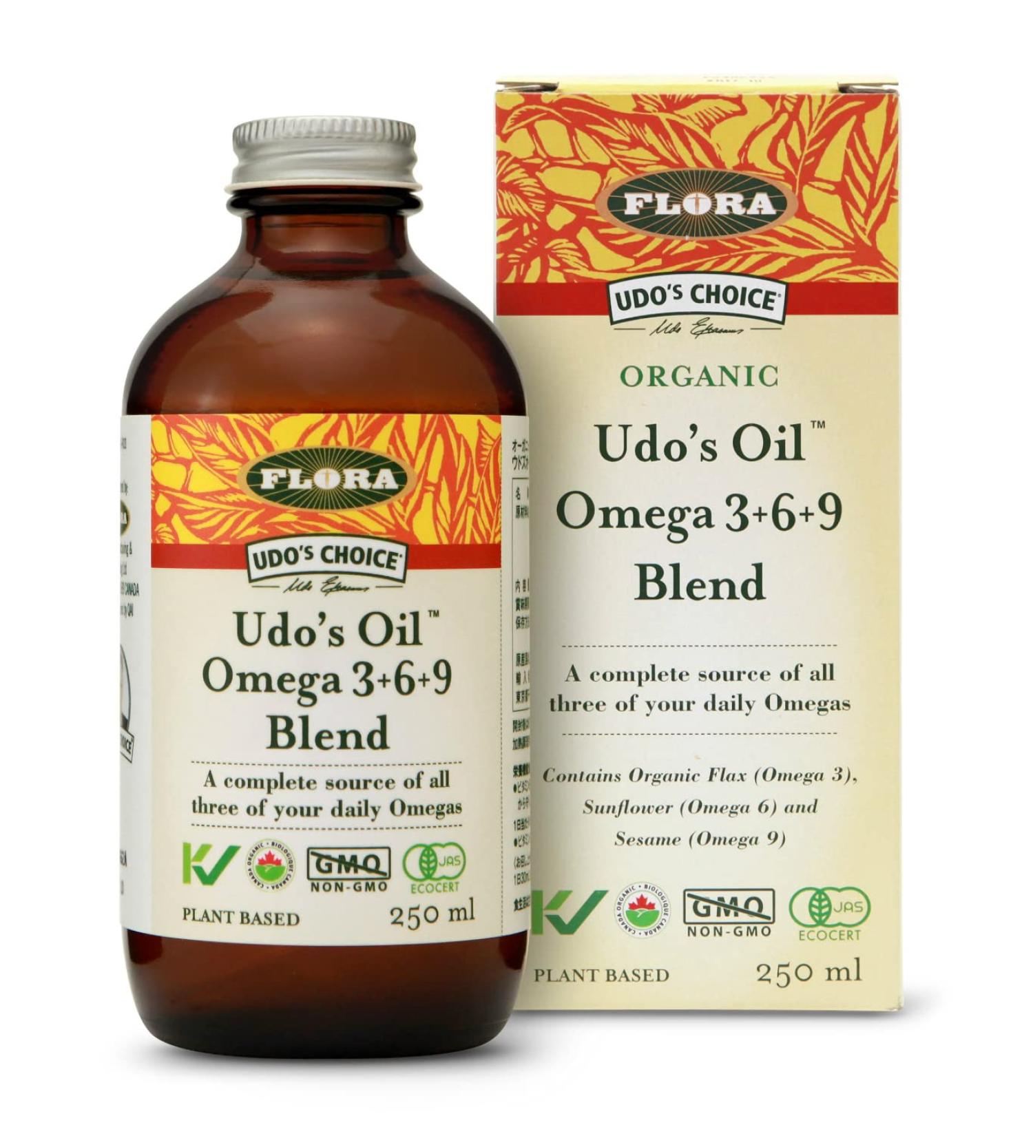Flora - Udo s Oil Omega 3+6+9 Blend 100% Sustainable Plant-Based Balanced 2:1 Ratio of Omega-3 & Omega-6 Non-GMO + Organic + Vegan + Keto-Friendly 250 mL Liquid Glass Bottle - Buy Online on GoSupps.com