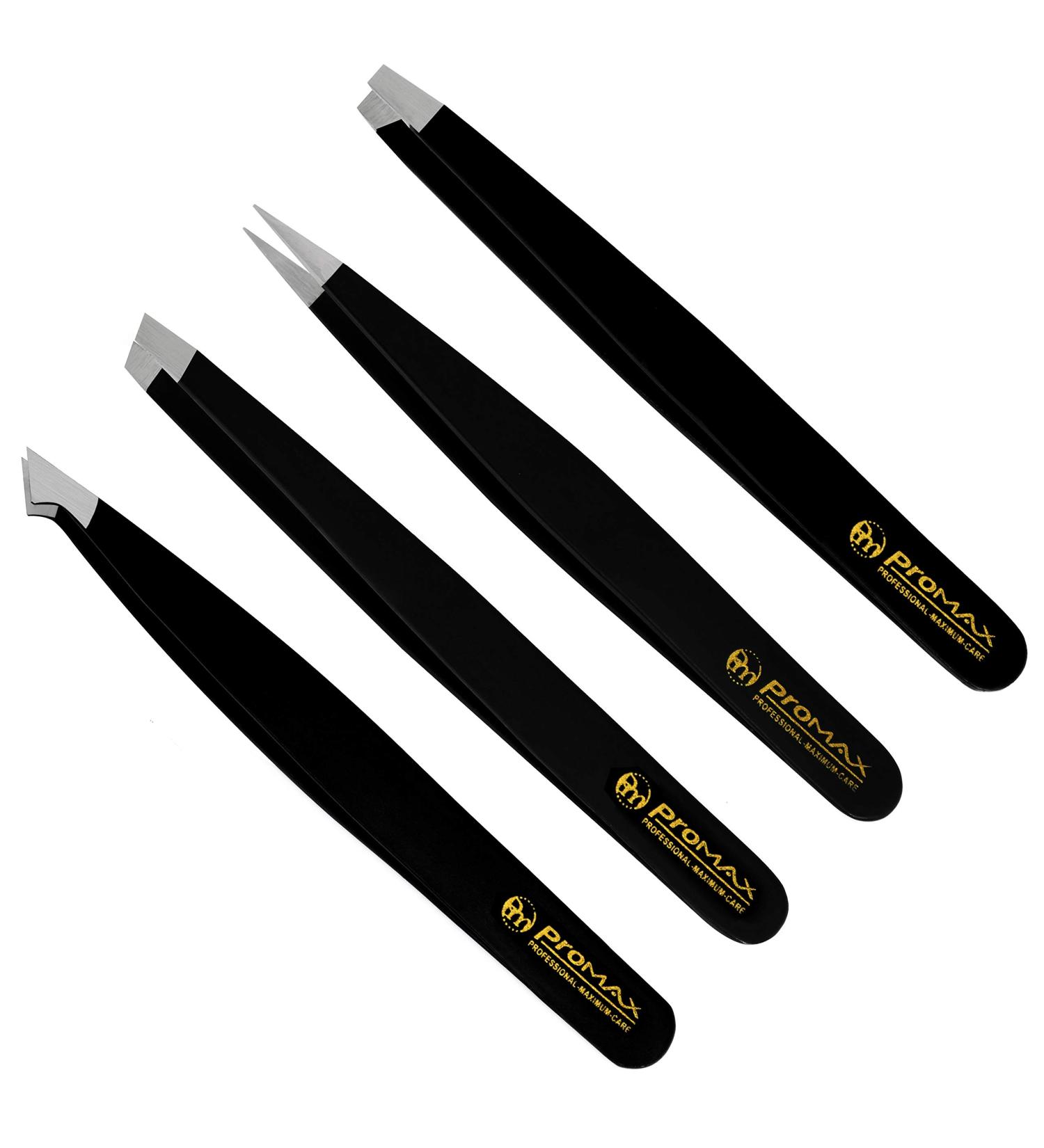 ProMax Care 4-piece Stainless Steel Eyebrow Tweezers Set - Slant Tip and Pointed Precision Tweezer Set for Facial Hair, Splinters, Blackheads, and Ingrown Hairs - Buy Online on GoSupps.com