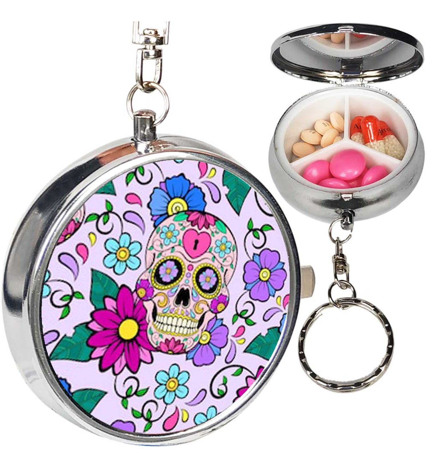 Portable Metal Pill Organizer Keychain Case Stash Box with 3 Compartments for Medicine Vitamin (Festive Sugar Skulls Heart)