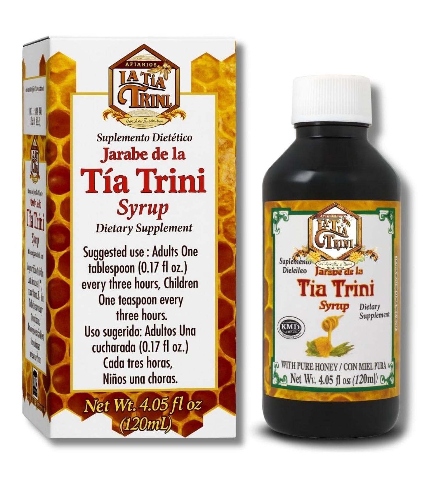 Jarabe de la T a Trini con Miel Pura (Syrup with Pure Honey) - Dietary Supplement - 4.05 fl oz (120 ml) - Mullein Propolis Eucalyptus Anacahuite & Mint(prop leo eucalipto Mirra gordolobo & mas) - Buy Online on GoSupps.com