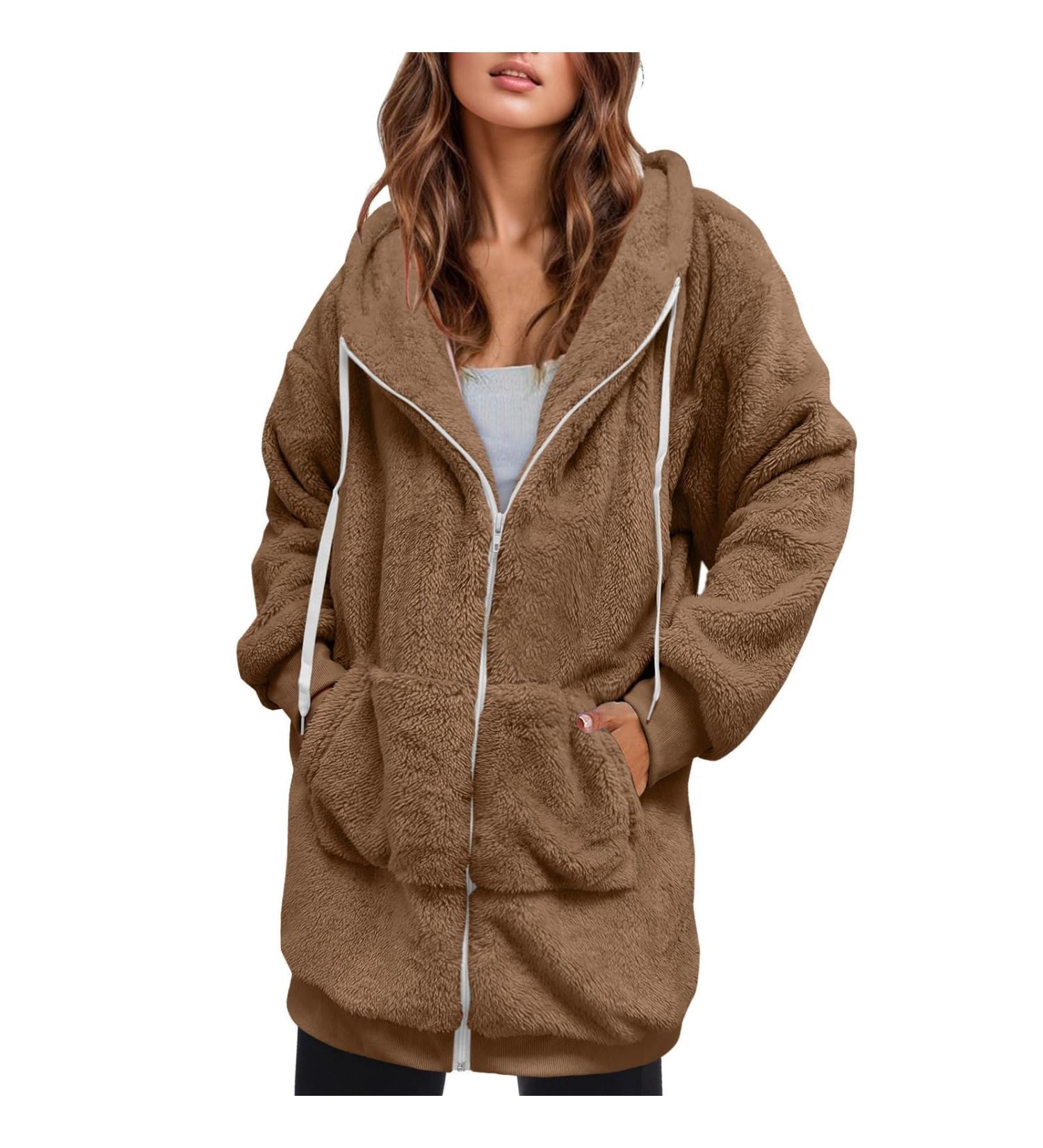 Yihaojia Womens Fleece Zip Up Jacket with Pockets Fluffy Oversized Hoodie Sherpa Long Winter Teddy Coat Khaki#50 5X-Large - Buy Online on GoSupps.com