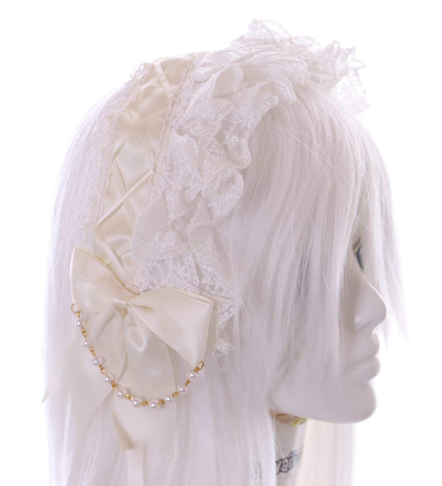 C-06-2 White Maid Lolita Headband with Bow & Pearl Necklace | Gothic Hair Accessory for International Shipping - Buy Online on GoSupps.com