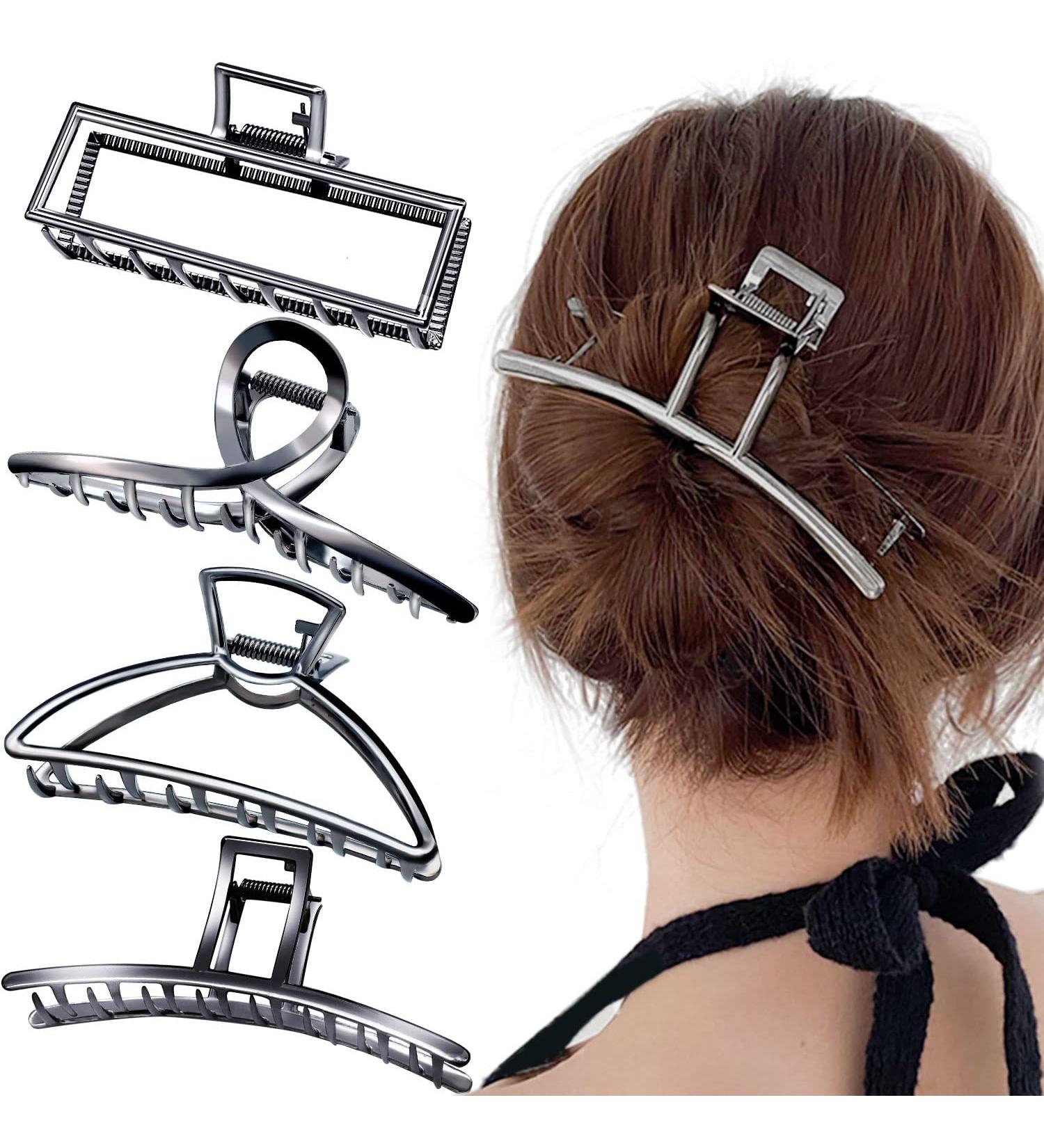 AIBEE Large Metal Hair Claw Clips 2023 - Stylish Big Jaw Clips for Women - 4 Pack Butterfly Hair Clips - Metallic Black - Buy Online on GoSupps.com