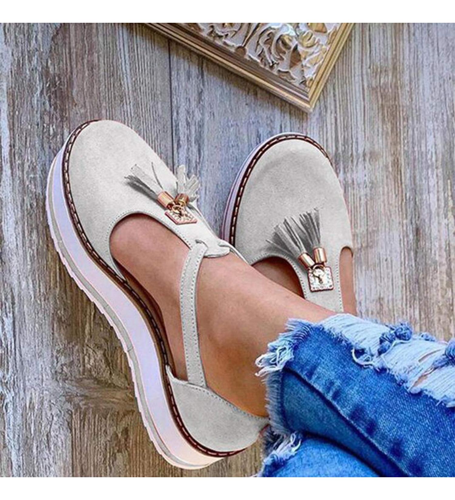Shop Creev Women's Platform Sandals - Dark Gray Leather with Tassels Closed Toe Ankle Straps | Vintage Beach Style - Buy Online on GoSupps.com