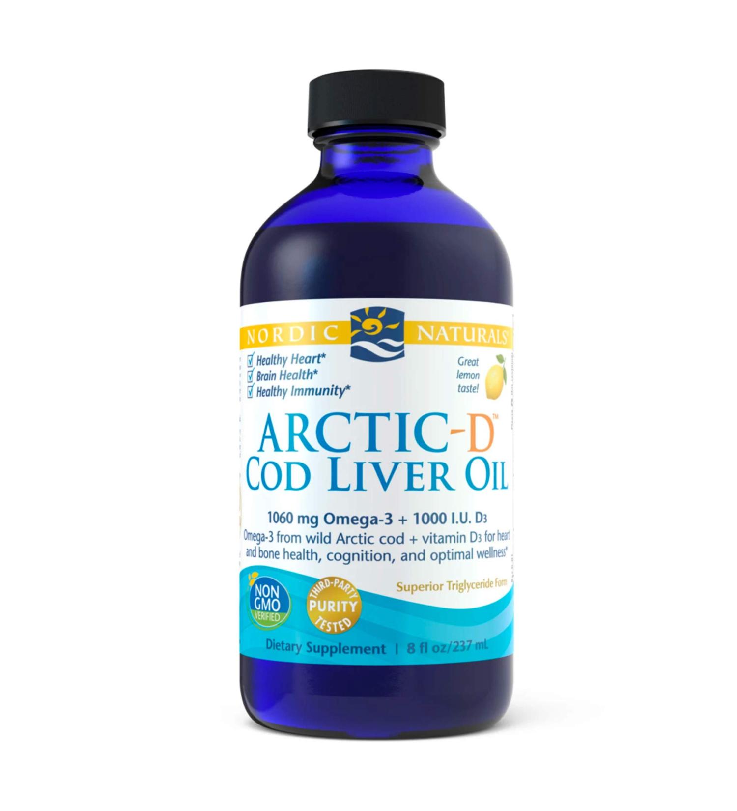 Nordic Naturals Arctic-D Cod Liver Oil Lemon 8 fl oz | Premium Omega-3 & Vitamin D - Buy Online on GoSupps.com