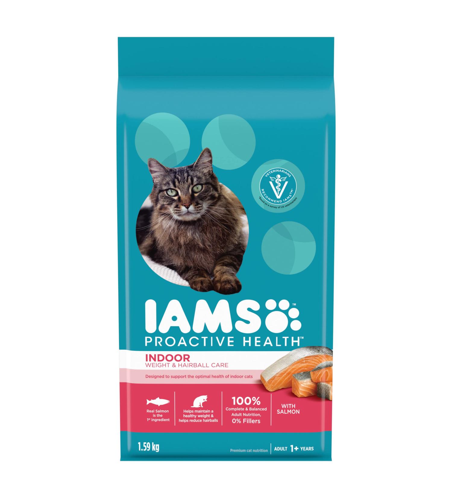 IAMS Proactive Health Dry Cat Food Adult - Indoor Weight & Hairball Care with Salmon 1.59kg Bag 1.59 kg (Pack of 1) Cat Food - Buy Online on GoSupps.com