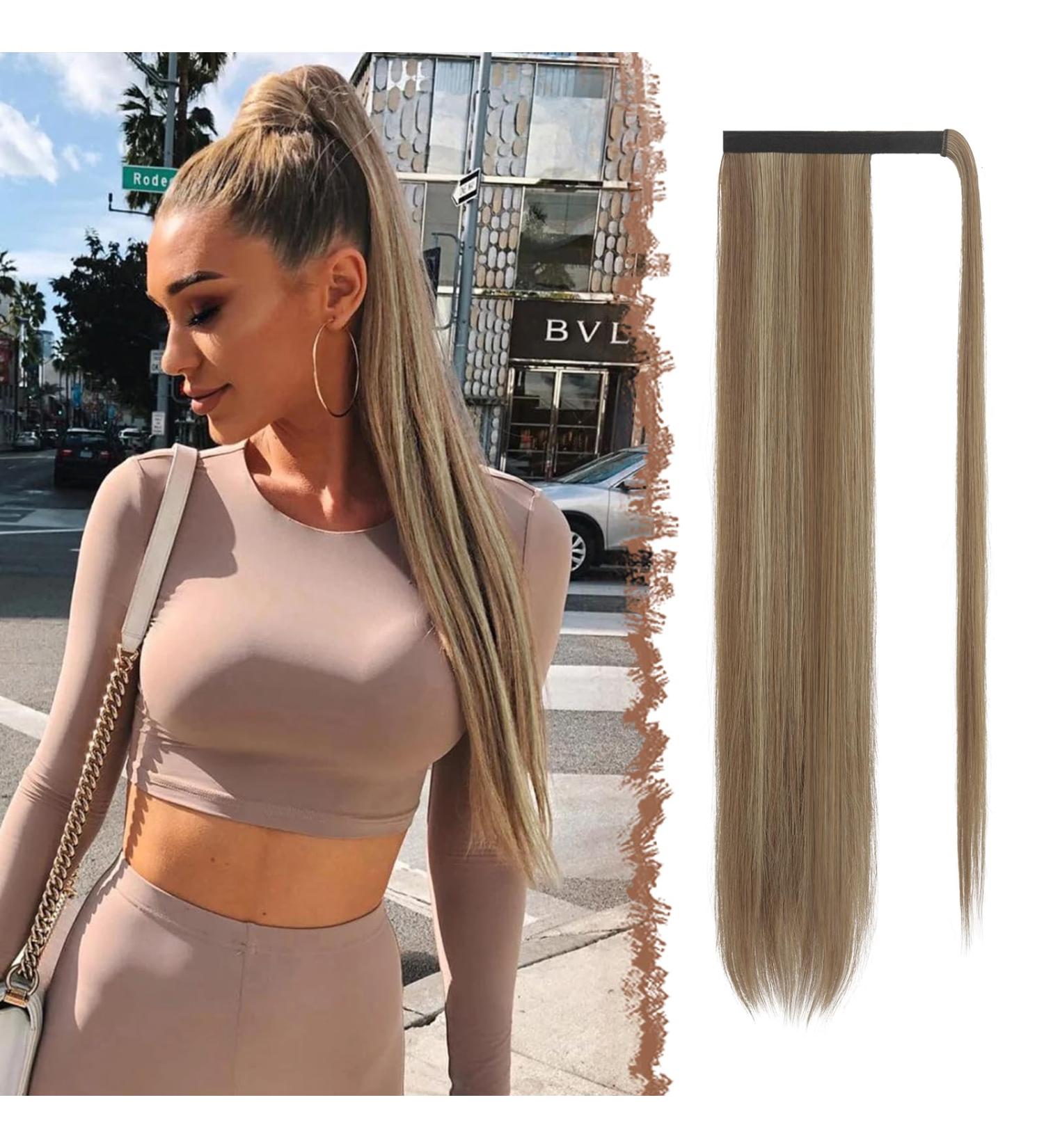 Fine Long Smooth Ponytail Hair Extension | Synthetic Braid for Women - Light Brown 60cm - Caramel Brown & Ash Blonde Mix - Buy Online on GoSupps.com