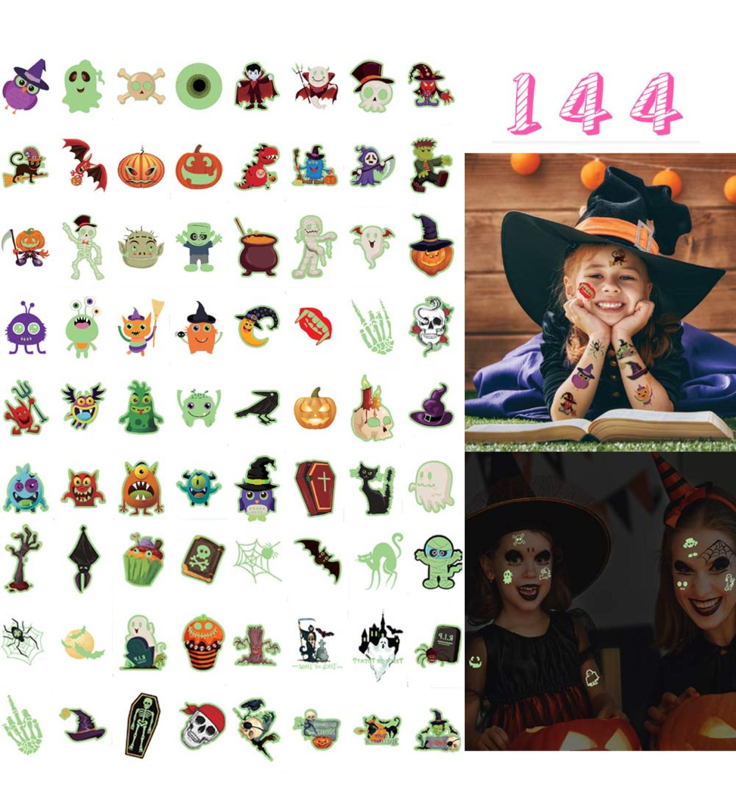Glow in The Dark Halloween Temporary Tattoos for Kids - 144 Pcs, 72 Designs - Waterproof Cartoon Stickers for Boys and Girls - Luminous Fake Tattoos for Trick or Treat Parties - Buy Online on GoSupps.com